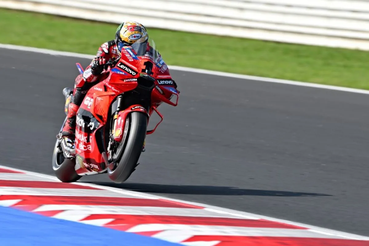 Ducati Lenovo Team's Italian rider Francesco Bagnaia rides during the qualifying session of the Emilia-Romagna MotoGP Grand Prix at the Misano World Circuit Marco-Simoncelli in Misano Adriatico, on September 21, 2024.  Andreas SOLARO / AFP