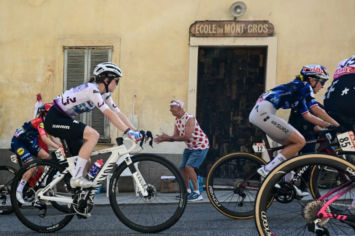 (FROM L) Lidl-Trek's New Zealand rider Niamh Fisher-Black, Canyon//SRAM zondacrypto's German rider Antonia Niedermaier and FDJ-SUEZ's French rider Juliette Berthet ride during the 9th and final stage of the fifth edition of the Women's Tour de France cycling race, 99.2 km from Nice to Nice, southeastern France on August 9, 2026.  NICOLAS TUCAT / AFP