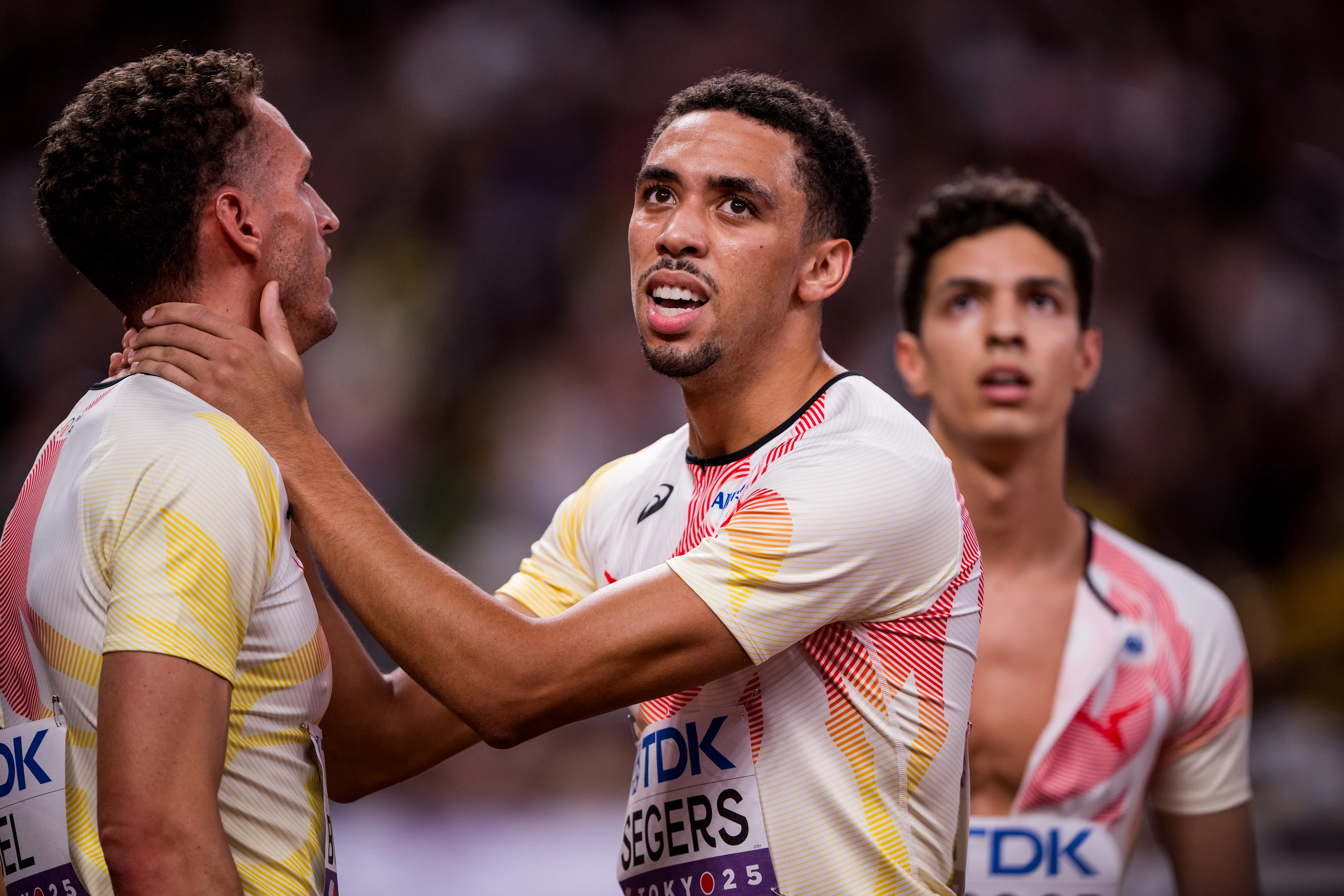 Belgian Daniel Segers and Belgian Alexander Doom pictured in action during the heats of the men's 4x400m relay race, at the World Athletics Championships in Tokyo, Japan, on Saturday 20 September 2025. The outdoor Worlds are taking place from 13 to 21 September. BELGA PHOTO JASPER JACOBS