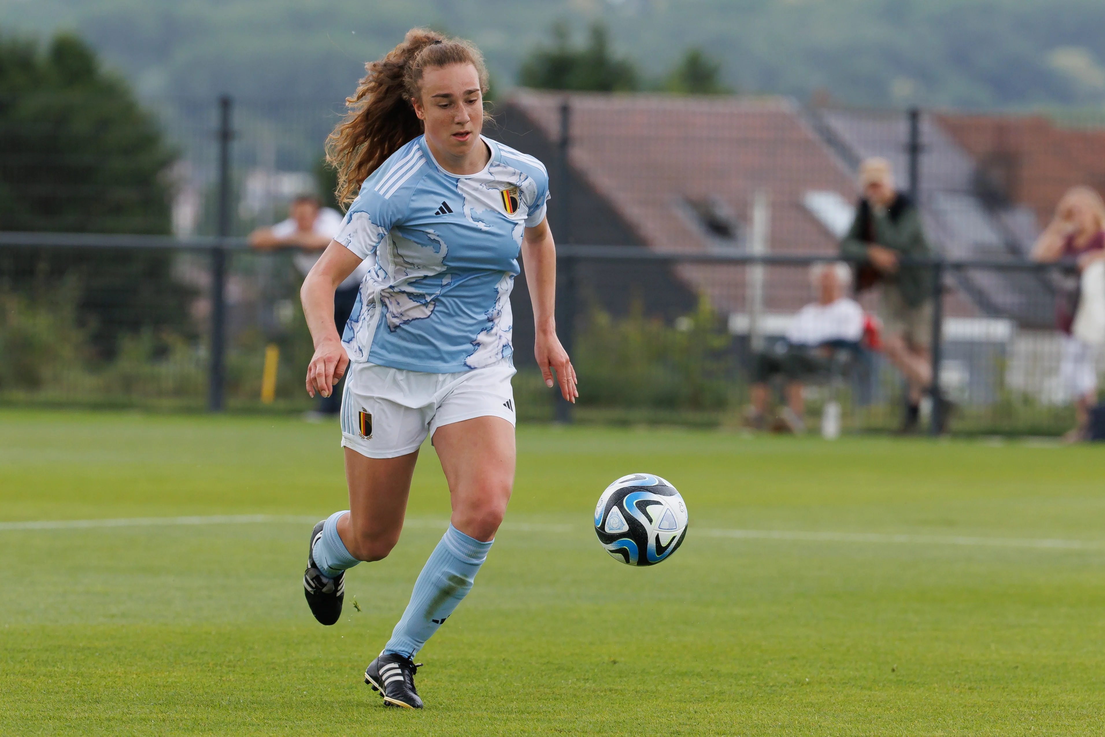 Players pictured in action during a friendly soccer match between Belgium's national women's team the Red Flames and the Flames U19, on Tuesday 27 June 2023 in Tubize. BELGA PHOTO KURT DESPLENTER