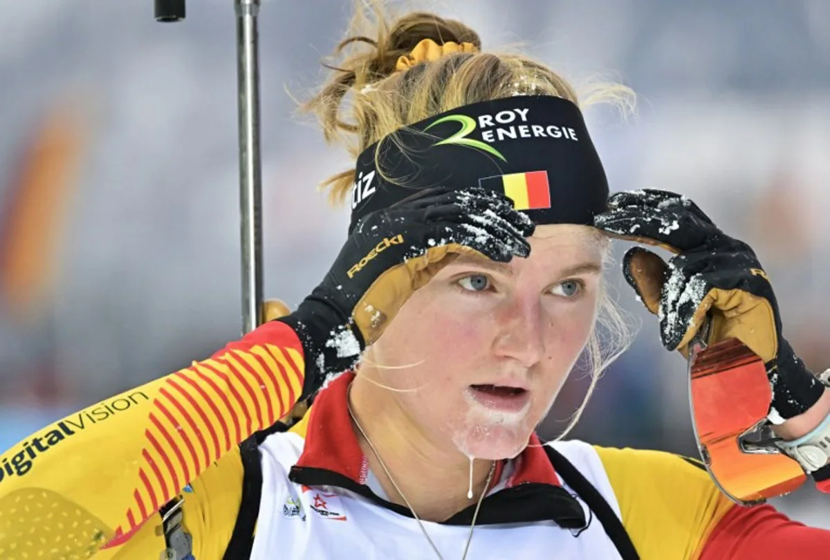 Belgium's Maya Cloetens reacts after the women's 7,5 km sprint event of the IBU Biathlon World Cup in Hochfilzen, Austria, on December 8, 2023.  Joe Klamar / AFP