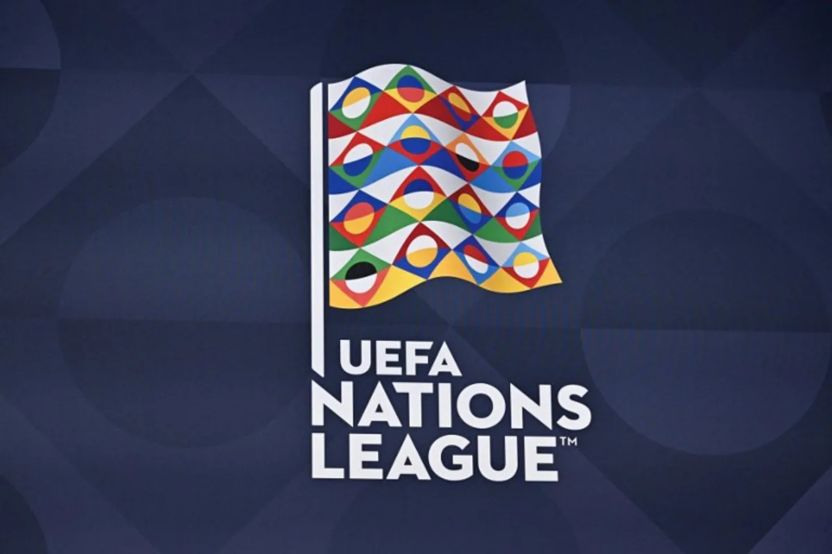 A photograph shows the logo of the UEFA Nations League during the 2023 UEFA Nations League football finals draw in Nyon, Switzerland, on January 25, 2023. The draw determines the semi-final pairings for the four-team 2023 UEFA Nations League football finals in Rotterdam and Enschede, as semi-finals will be played on June 14 and June 15, 2023, with the third-place play-off and final both on June 18, 2023. Fabrice COFFRINI / AFP