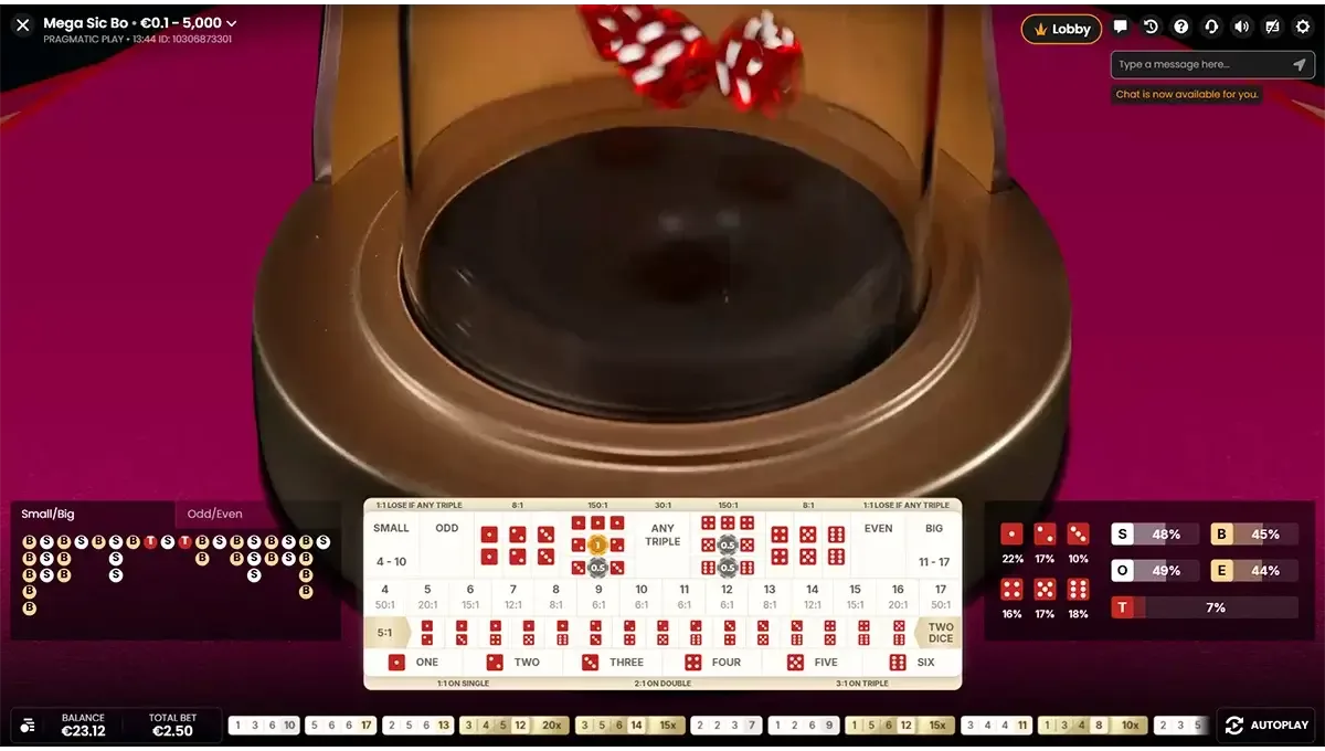 Mega Sic Bo by Pragmatic Play with a live presenter, random multipliers and a dice games table, in a Belgian online casino.
