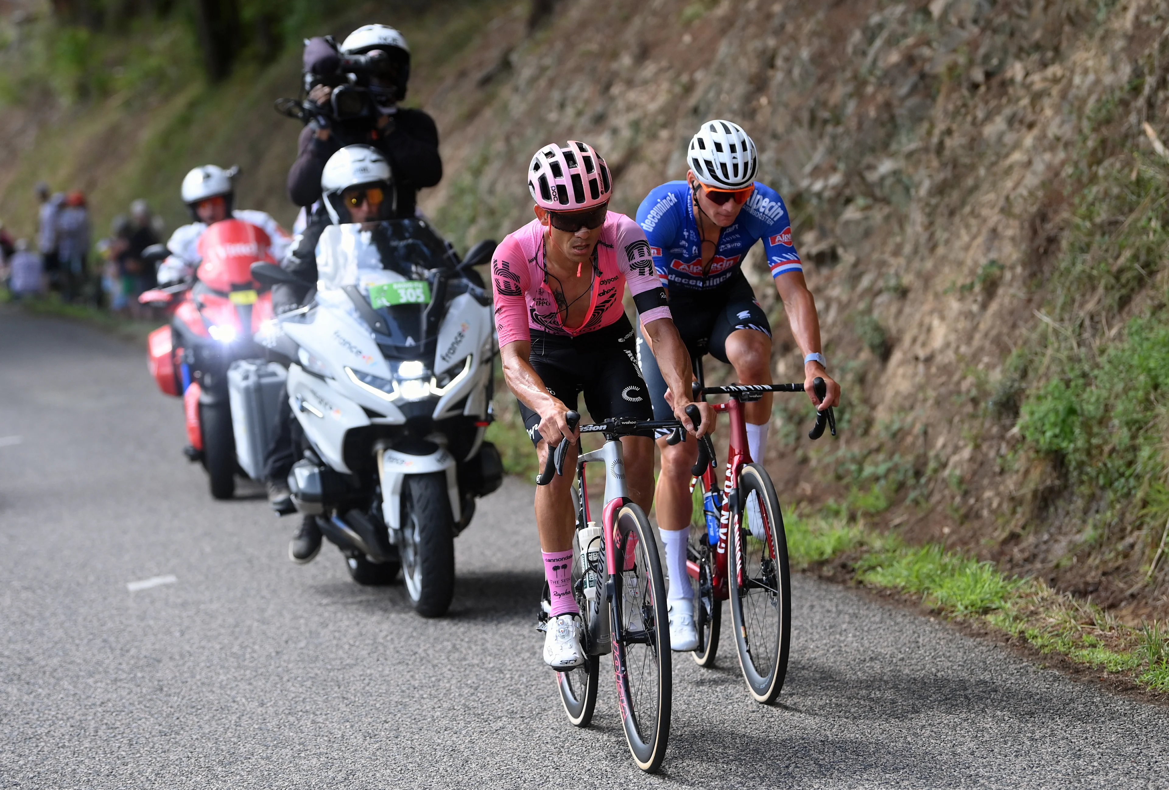 Costa Rican Andrey Amador of EF Education-EasyPost and Dutch Mathieu van der Poel of Alpecin-Deceuninck pictured in action during stage 12 of the Tour de France cycling race, from Roanne to Belleville-en-Beaujolais (168,8 km), France, Thursday 13 July 2023. This year's Tour de France takes place from 01 to 23 July 2023. BELGA PHOTO ALEX BROADWAY