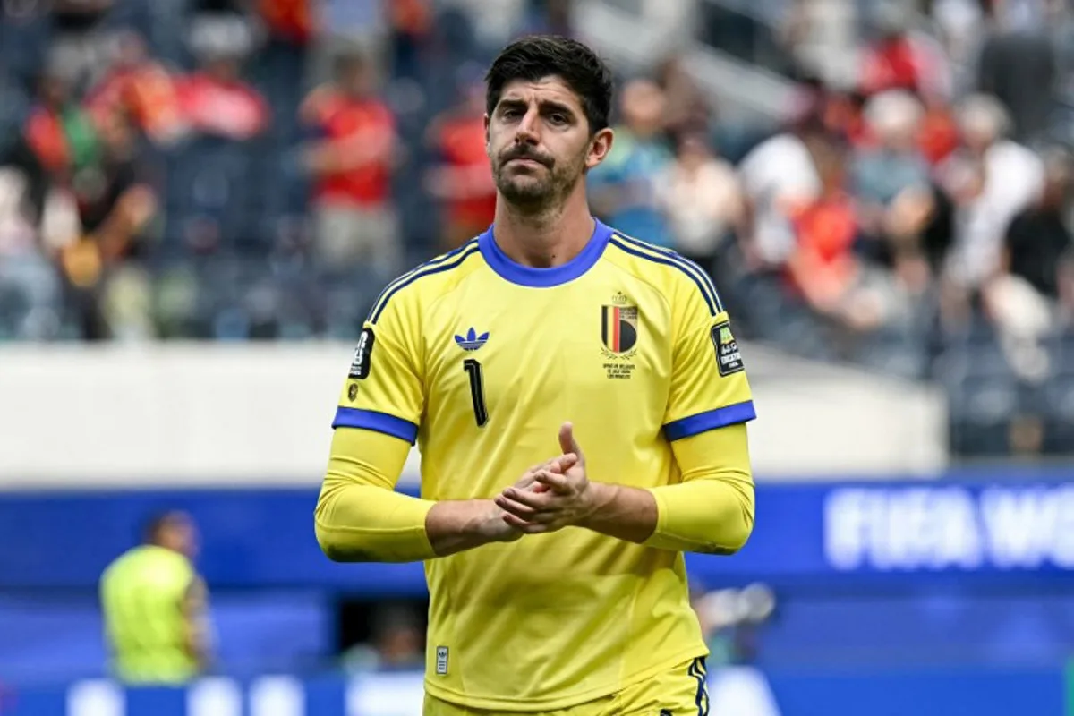 Belgium's goalkeeper #01 Thibaut Courtois reacts after losing the 2026 World Cup football tournament quarter-final match between Spain and Belgium at the Los Angeles Stadium in Inglewood on July 10, 2026.   Paul ELLIS / AFP