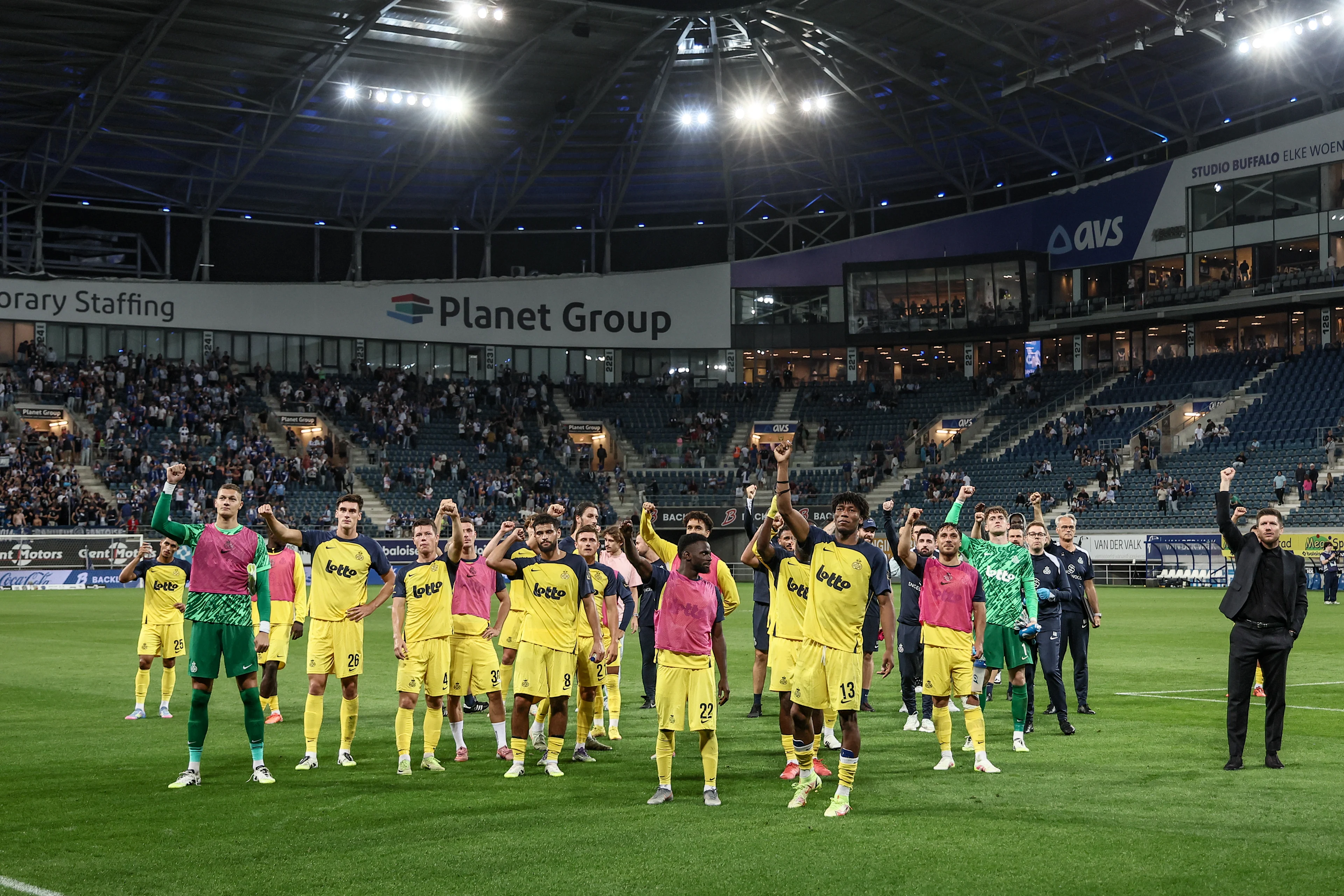 Union's players celebrate after winning a soccer match between KAA Gent and Royale Union Saint-Gilloise, Saturday 09 August 2025 in Gent, on day 3 of the 2025-2026 'Jupiler Pro League' first division of the Belgian championship. BELGA PHOTO BRUNO FAHY