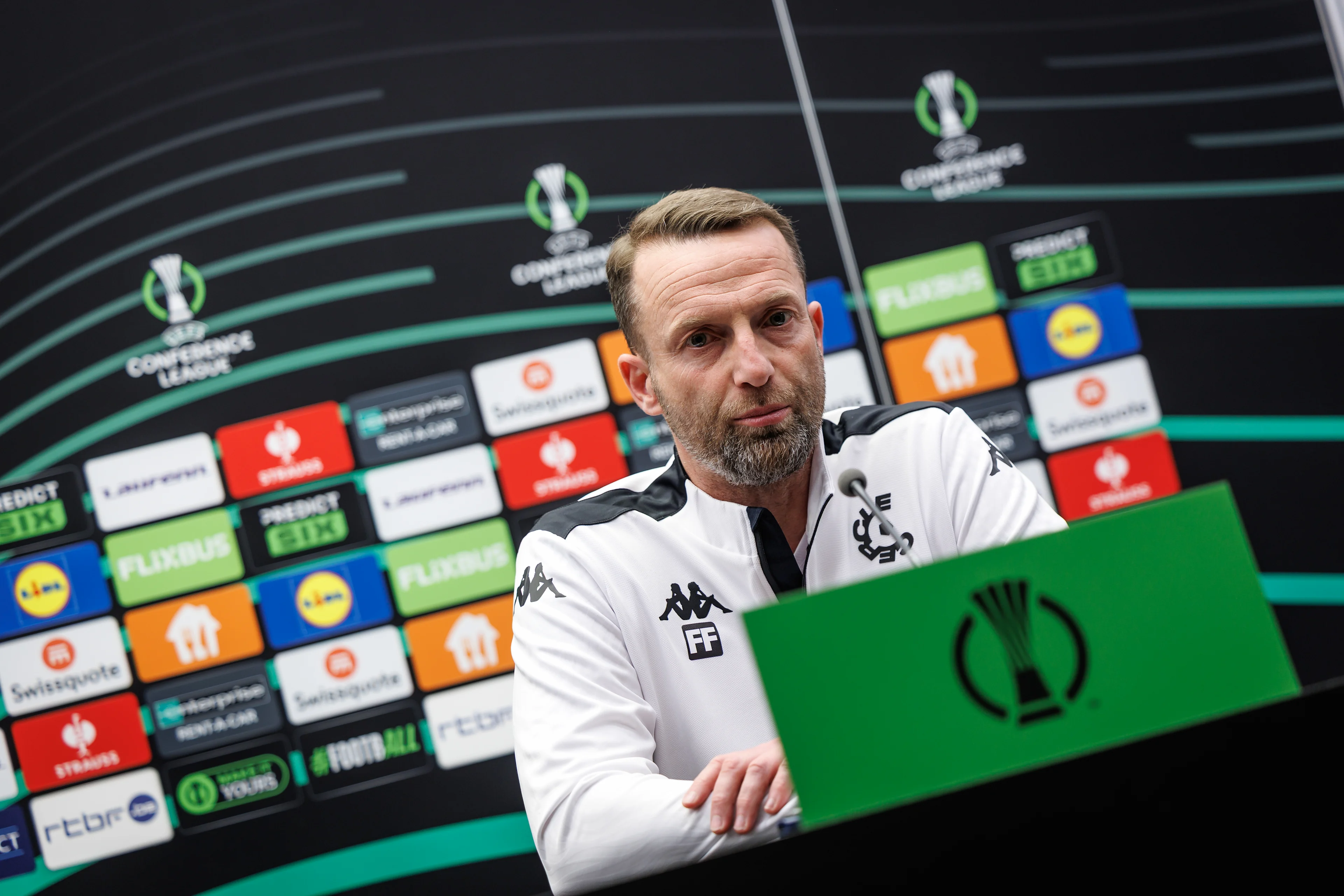 Cercle's head coach Ferdinand Feldhofer pictured during a press conference of Belgian soccer team Cercle Brugge KSV, Wednesday 12 March 2025 in Brugge. Tomorrow Cercle will play Polish Jagiellonia Bialystok in the return leg of the round of 16 of the UEFA Conference League tournament. BELGA PHOTO KURT DESPLENTER