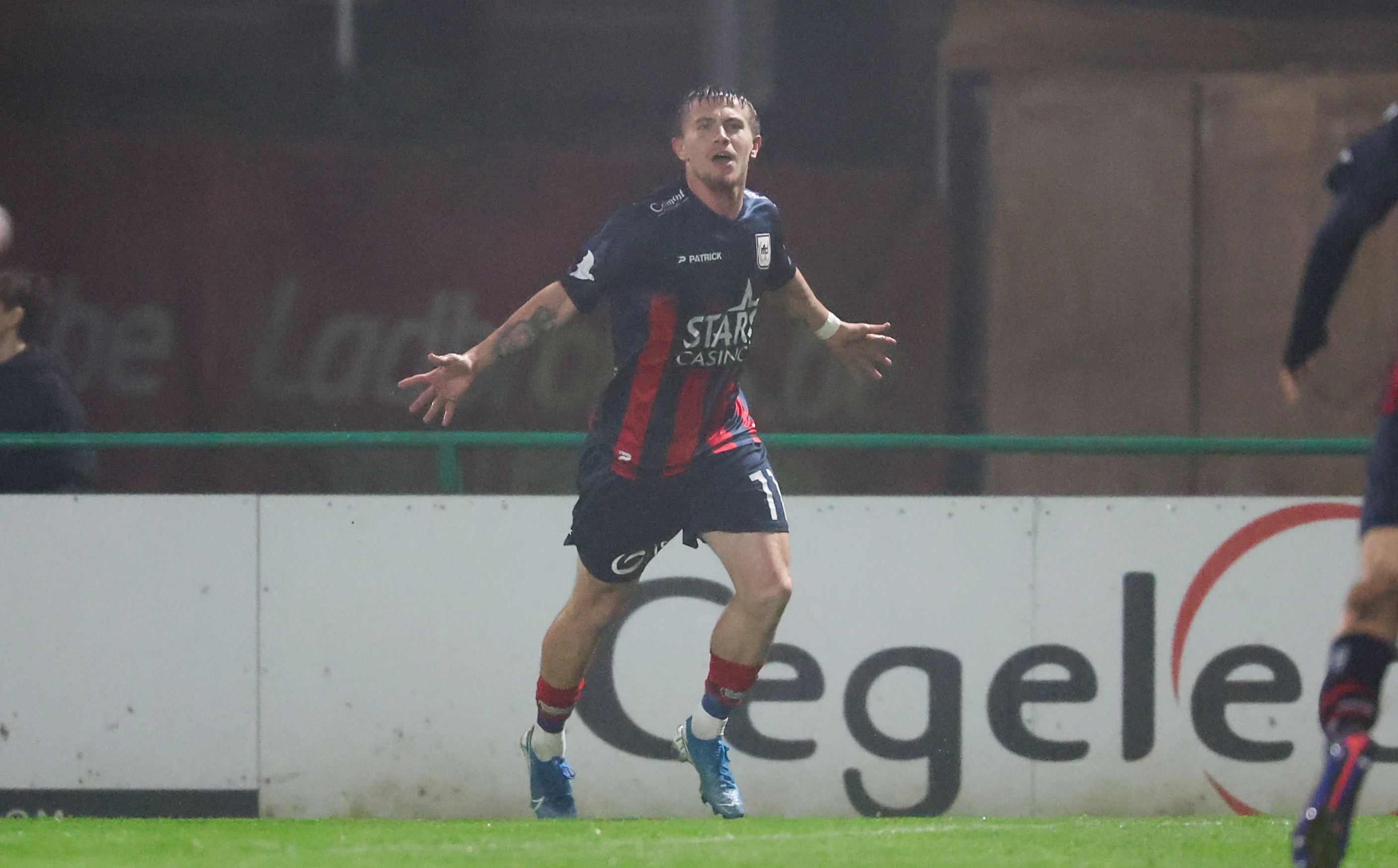 Liege's Alexis Lefebvre celebrates after scoring during a soccer match between Royal Francs Borains and RFC Liege, Friday 18 October 2024 in Boussu, on the eighth day of the 2023-2024 'Challenger Pro League' 1B second division of the Belgian championship. BELGA PHOTO VIRGINIE LEFOUR