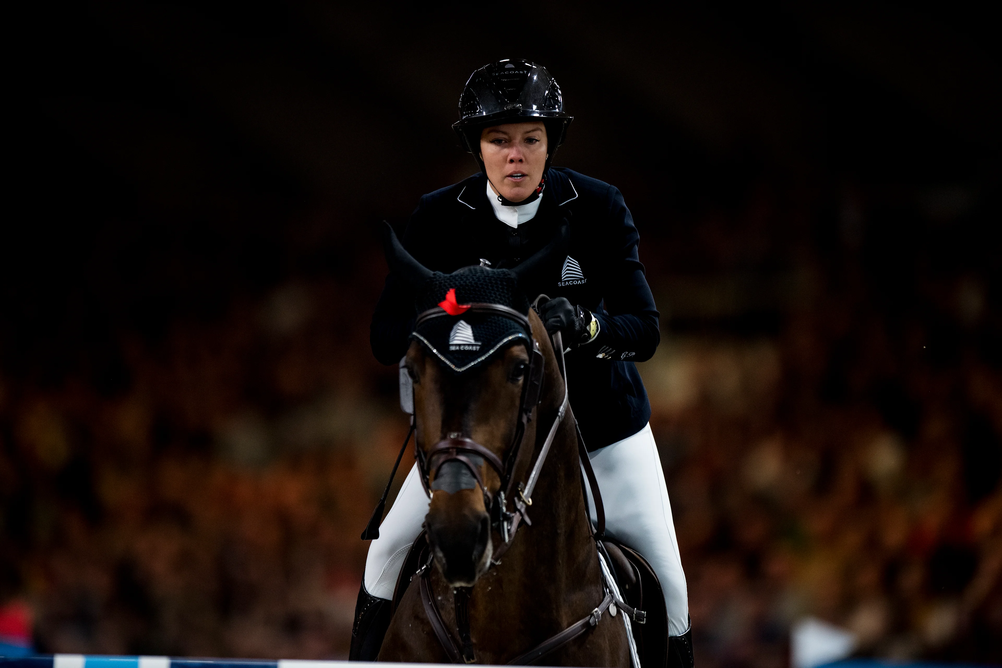 Gudrun Patteet with Sea Coast Valdelamadre Clooney pictured in action during the FEI World Cup Jumping competition at the 'Vlaanderens Kerstjumping - Memorial Eric Wauters' equestrian event, in Mechelen, Monday 30 December 2019. BELGA PHOTO JASPER JACOBS