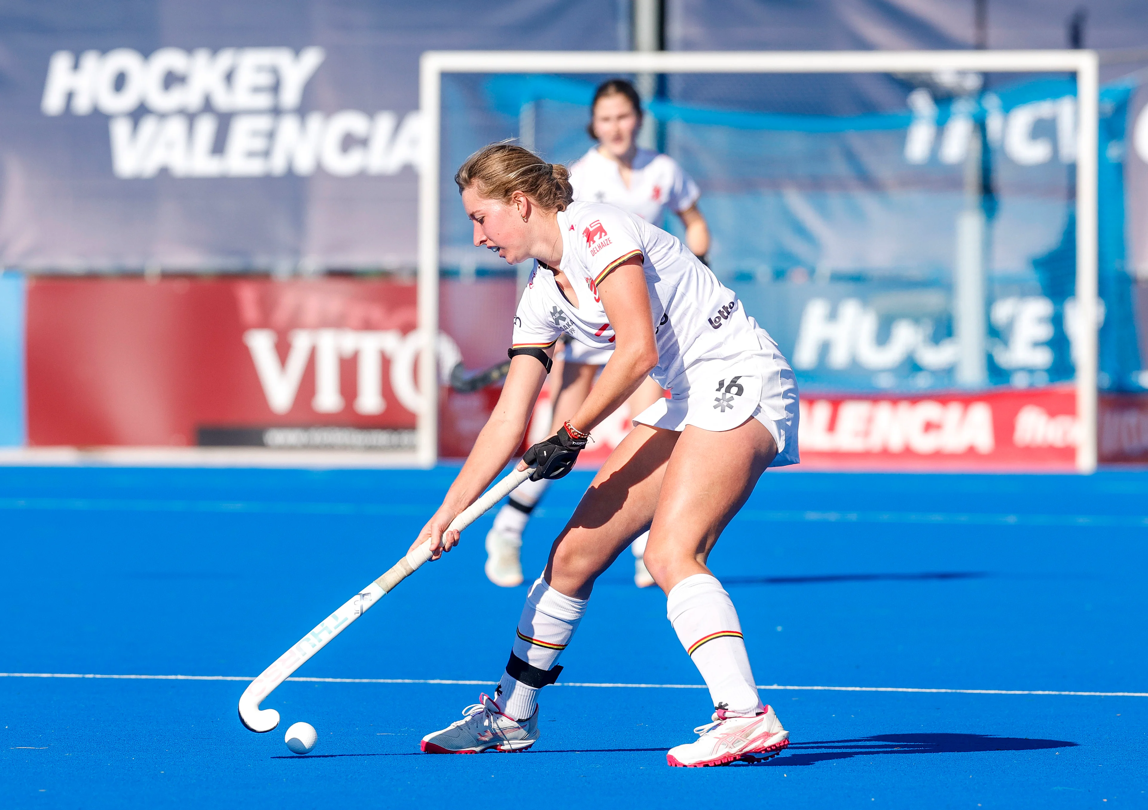 Belgium's Agathe Favart pictured in action during a hockey game between Belgian national team Red Panthers and Spain, The fifth game (out of 16) in the group stage of the 2025-2026 women's FIH Pro League, Thursday 05 February 2026 in Valencia, Spain. BELGA PHOTO DAVID GONZALEZ