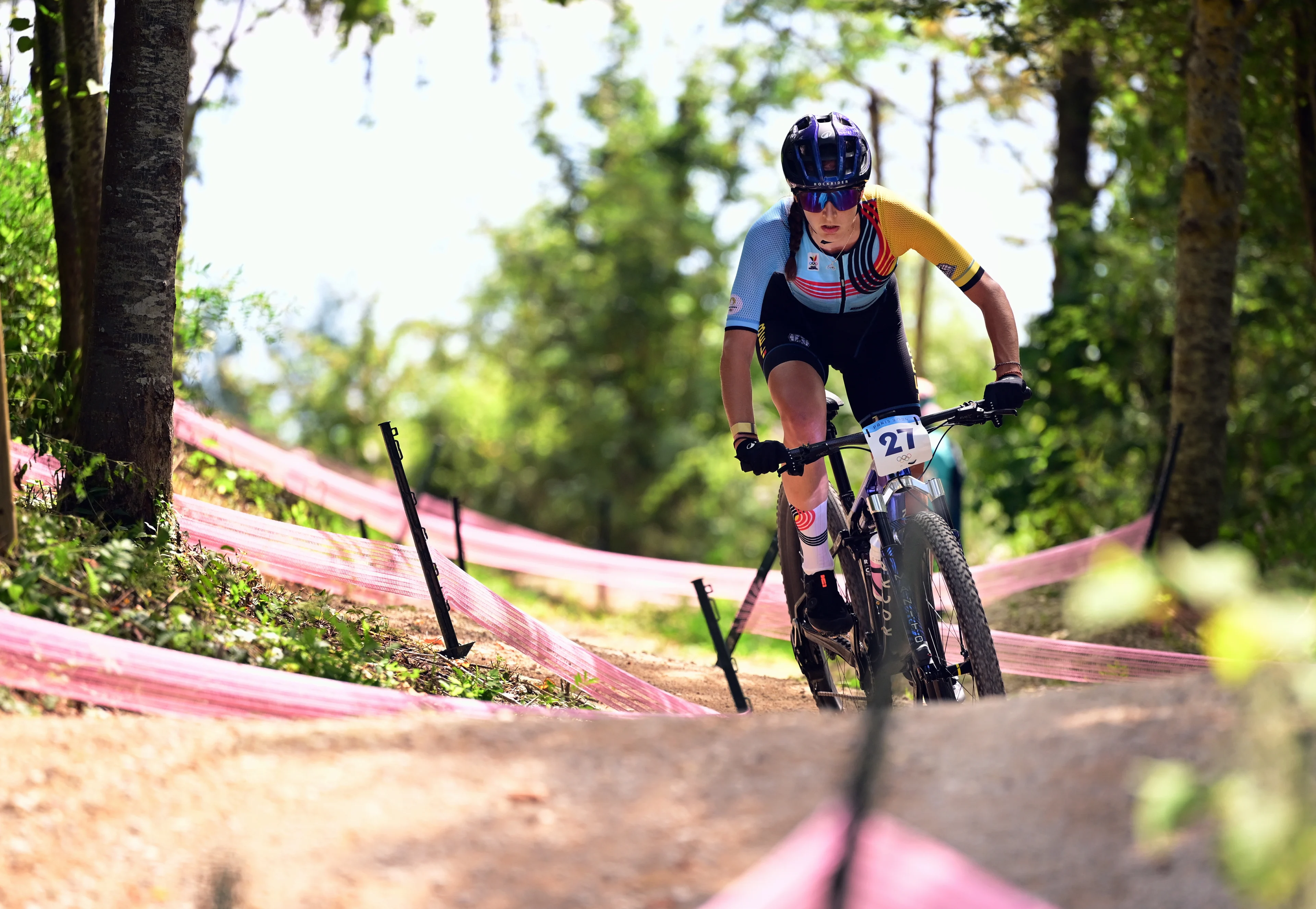 Belgian Emeline Detilleux pictured in action during the women's cross-country cycling race of the Paris 2024 Olympic Games, at the Colline d'Elancourt climb near Paris, France on Sunday 28 July 2024. The Games of the XXXIII Olympiad are taking place in Paris from 26 July to 11 August. The Belgian delegation counts 165 athletes competing in 21 sports. BELGA PHOTO LAURIE DIEFFEMBACQ