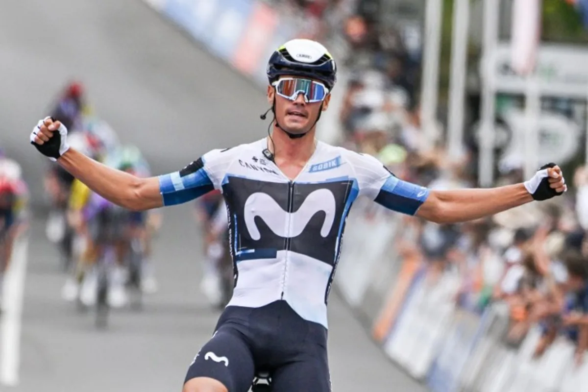 Movistar Team rider Javier Romo Oliver from Spain reacts after winning the men's stage 3 of the Tour Down Under cycling race in Adelaide on January 23, 2025.  Brenton Edwards / AFP