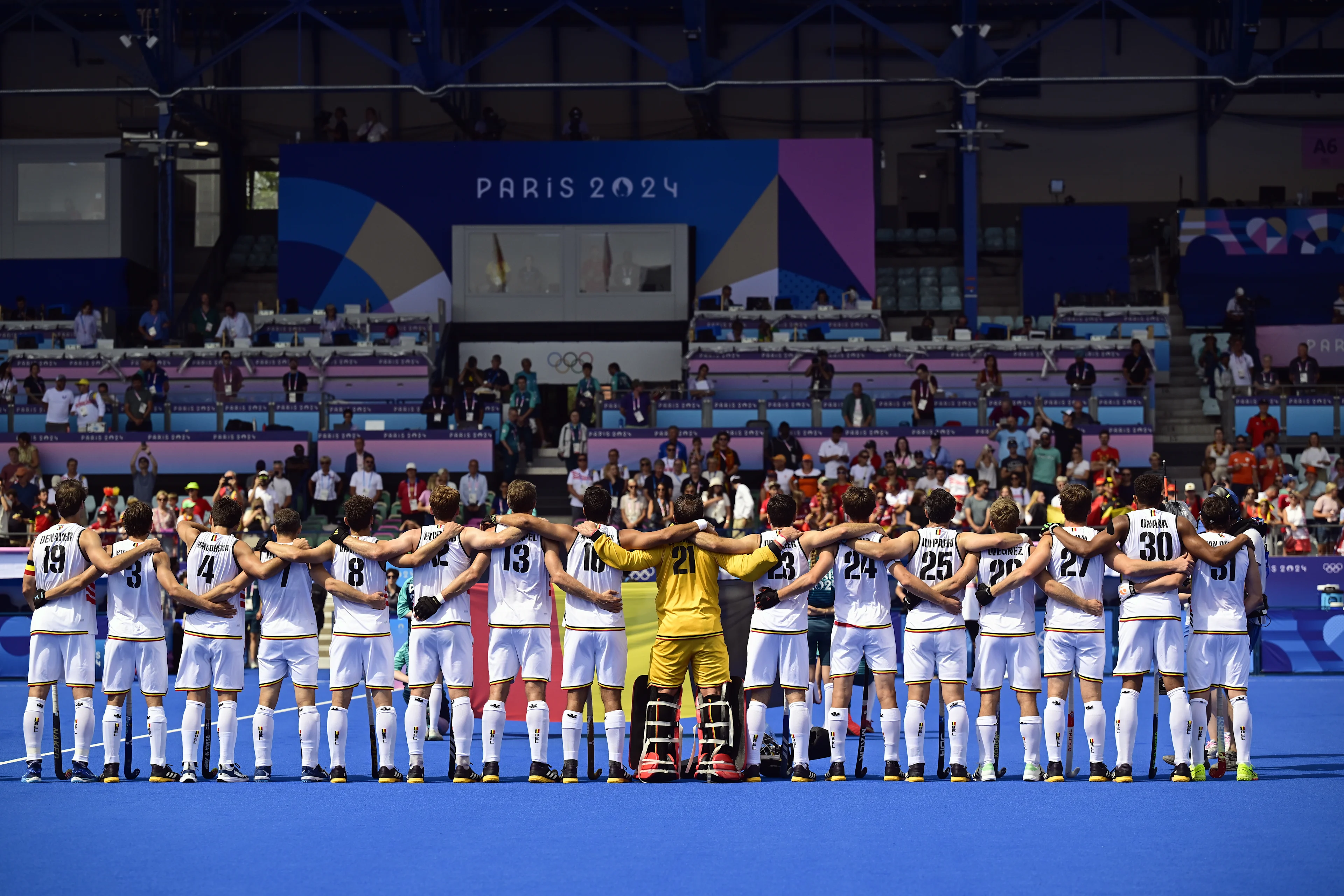 The Red Lions pictured during a hockey game between Belgium's national team the Red Lions and Spain, a quarter-final game at the Paris 2024 Olympic Games, on Sunday 04 August 2024 in Paris, France. The Games of the XXXIII Olympiad are taking place in Paris from 26 July to 11 August. The Belgian delegation counts 165 athletes competing in 21 sports. BELGA PHOTO DIRK WAEM