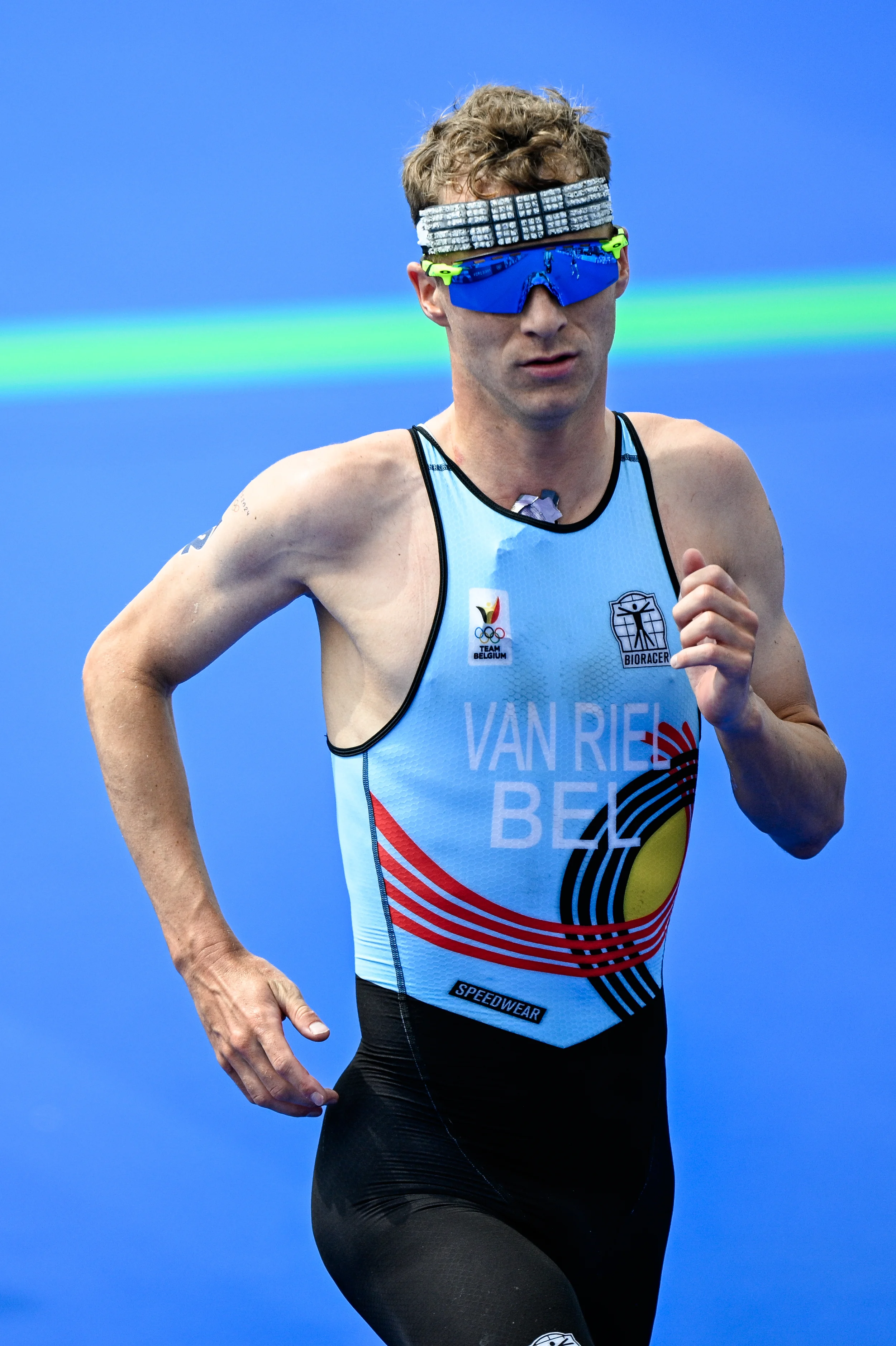 Belgian Marten Van Riel pictured in action during the running part of the men's individual triathlon race at the Paris 2024 Olympic Games, on Wednesday 31 July 2024 in Paris, France. The Games of the XXXIII Olympiad are taking place in Paris from 26 July to 11 August. The Belgian delegation counts 165 athletes competing in 21 sports. BELGA PHOTO JASPER JACOBS