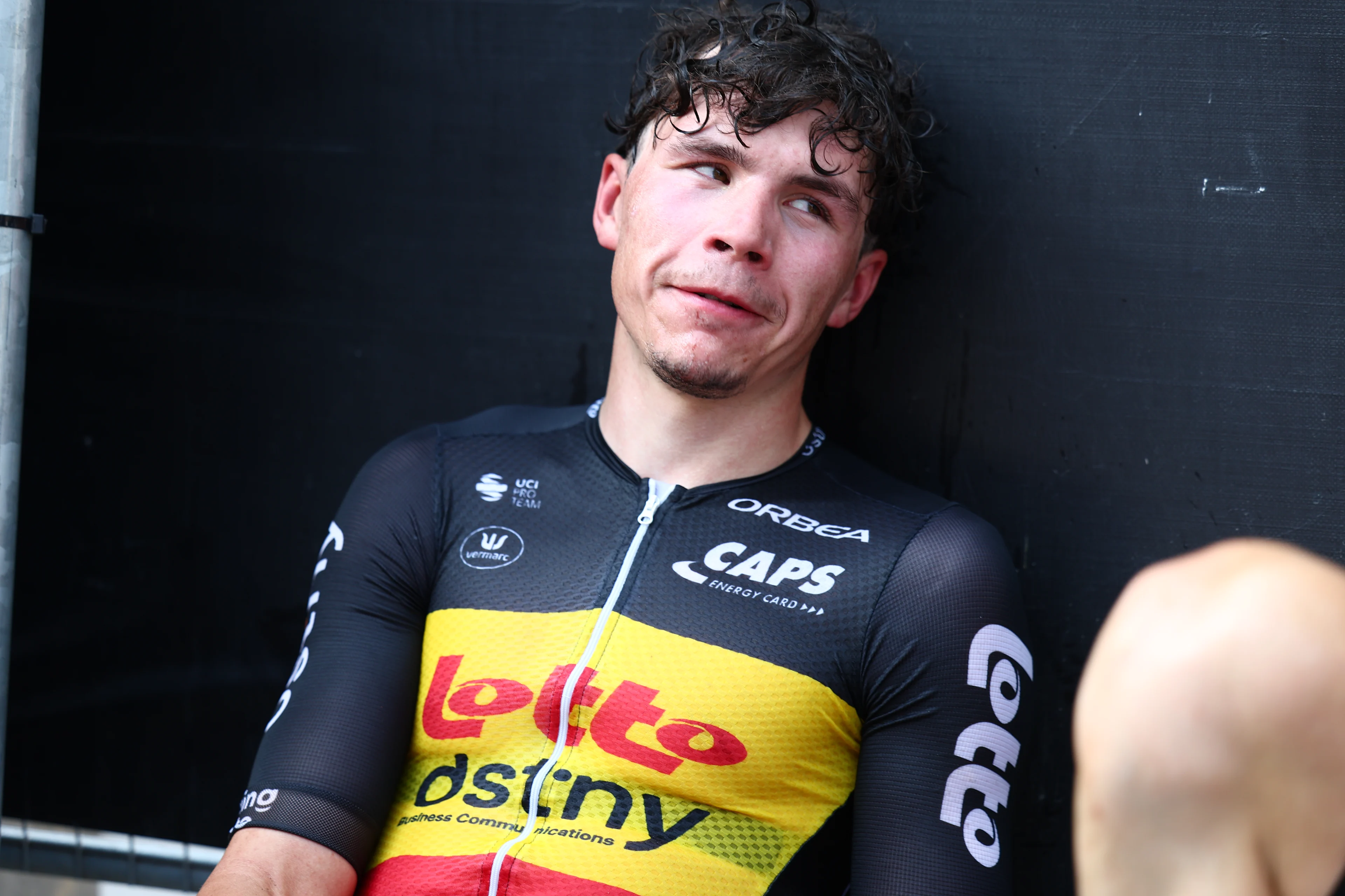 Belgian Arnaud De Lie of Lotto Dstny celebrates after winning the fifth and last stage of the 'Renewi Tour' multi-stage cycling race, from Menen to Geraardsbergen (202,5 km) on Sunday 01 September 2024. The five-day race takes place in Belgium and the Netherlands.  BELGA PHOTO DAVID PINTENS