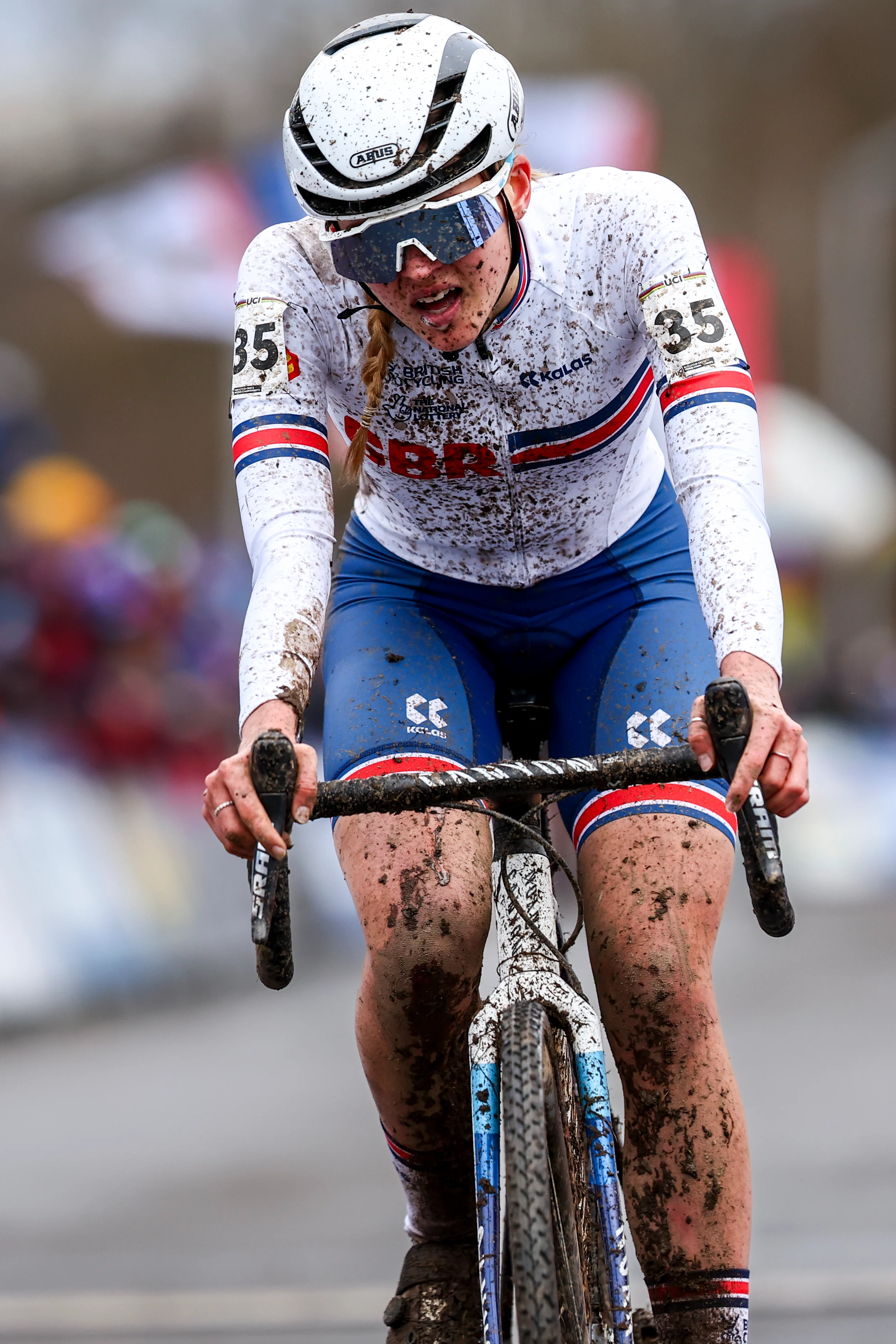 British Cat Ferguson crosses the finish line at the women junior race event of the Cyclocross World Championships on Saturday 03 February 2024 in Tabor, Czech Republic. BELGA PHOTO DAVID PINTENS