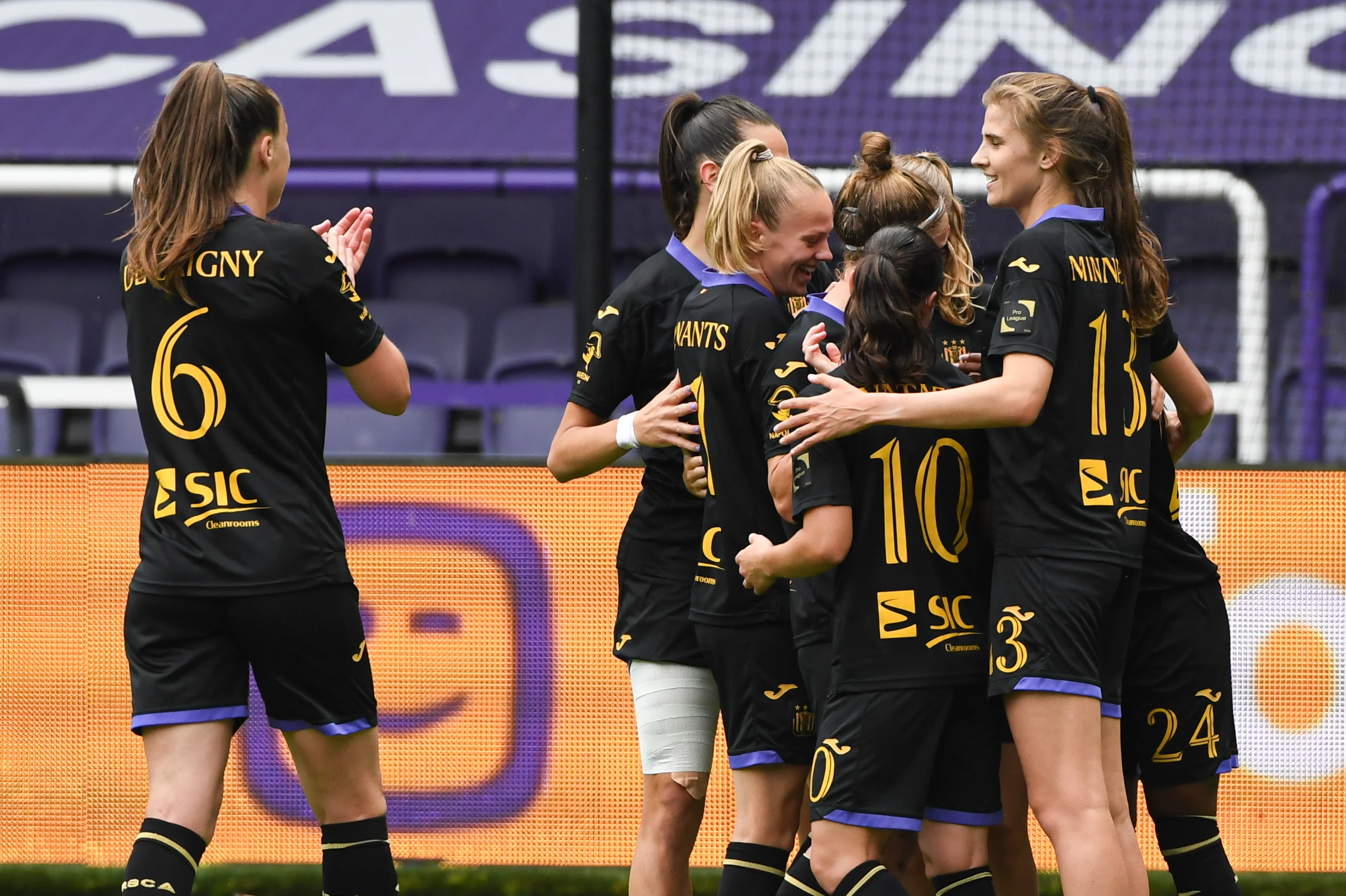 RSCA's Lore Jacobs celebrates after scoring during a soccer game between RSCA Women and KRC Genk, Saturday 25 May 2024 in Brussels, on day 10/10 of the play-off group A of the Super League women's championship. BELGA PHOTO JILL DELSAUX