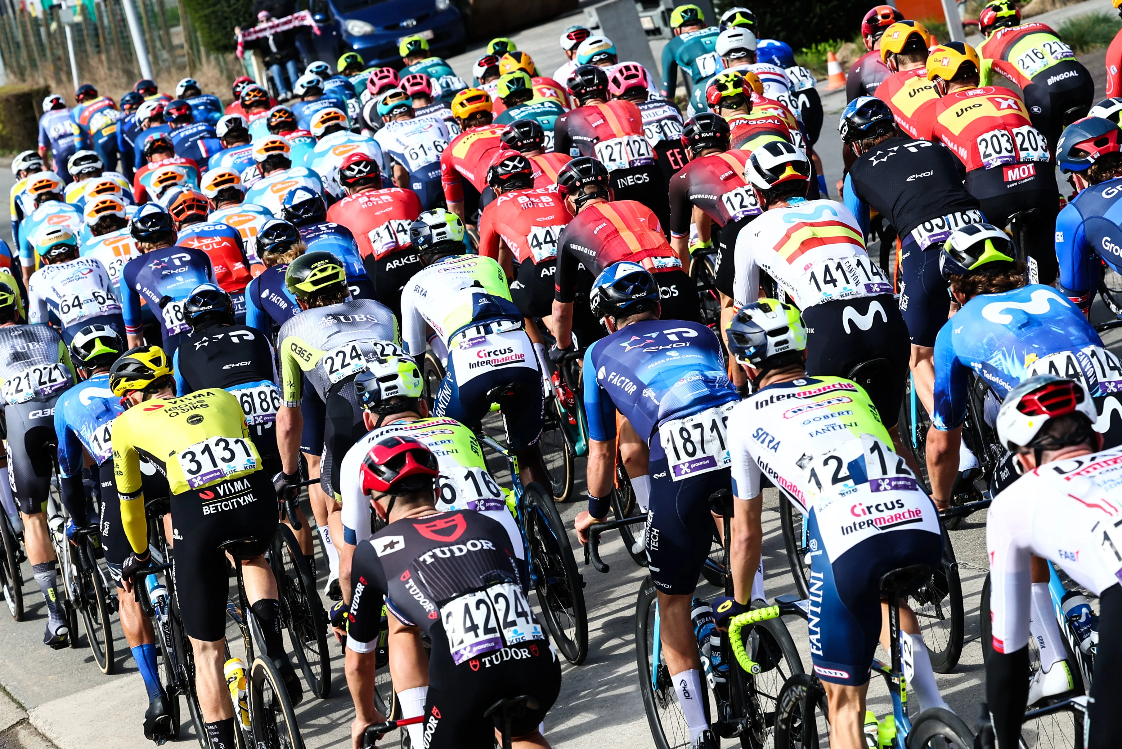 Illustration picture of the peloton taken during the men's race of the 'Ronde van Vlaanderen/ Tour des Flandres/ Tour of Flanders' one day cycling event, 270,8km from Antwerp to Oudenaarde, Sunday 31 March 2024. BELGA PHOTO DAVID PINTENS