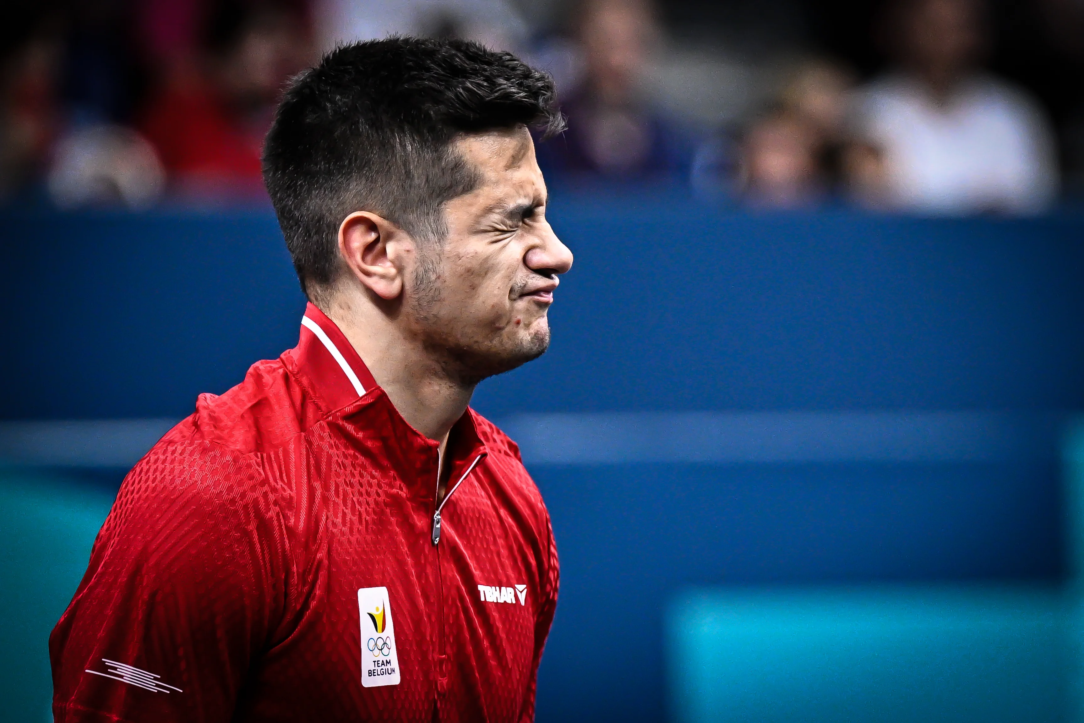 Belgian Martin Allegro looks dejected during a table tennis match against Japanese Harimoto, in the round of 64 of the men's singles tournament at the Paris 2024 Olympic Games, on Monday 29 July 2024 in Paris, France. The Games of the XXXIII Olympiad are taking place in Paris from 26 July to 11 August. The Belgian delegation counts 165 athletes competing in 21 sports. BELGA PHOTO JASPER JACOBS