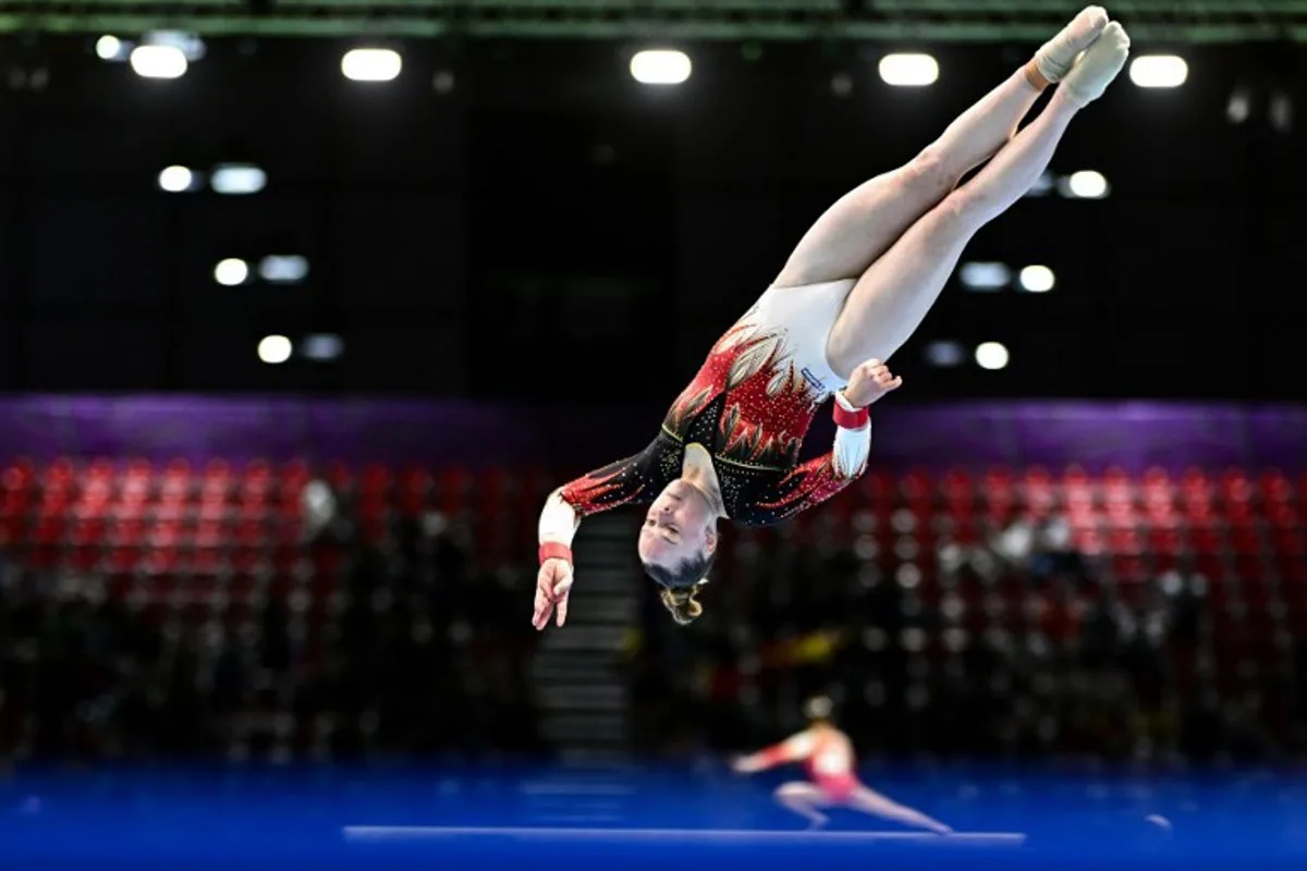 Belgium's Jade Vansteenkiste competes on the Floor during the Seniors Women's All-Around Finals event at the 35th Artistic Gymnastics European Women's Championships, in Rimini, on the Adriatic coast, northeastern Italy, on May 2, 2024. GABRIEL BOUYS / AFP