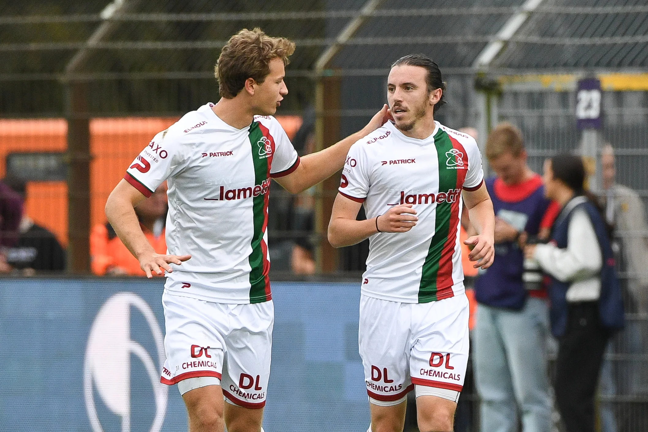 Essevee's Youssef Challouk celebrates after scoring during a soccer match between Patro Eisden Maasmechelen and Zulte Waregem, Sunday 20 October 2024 in Maasmechelen, on day 8 of the 2024-2025 'Challenger Pro League' 1B second division of the Belgian championship. BELGA PHOTO JILL DELSAUX