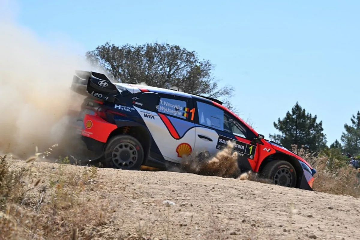 Belgium driver Thierry Neuville steers his Hyundai i20N Rally 1 assisted by his co-driver Martijn Wydaeghe, as they compete in the SS15 special between San Giacomo and Plebi during the 22nd edition of the Rally Italia Sardegna, 6th round of the FIA World Rally Championship (WRC), near Olbia, Sardinia, on June 8, 2025. Andreas SOLARO / AFP