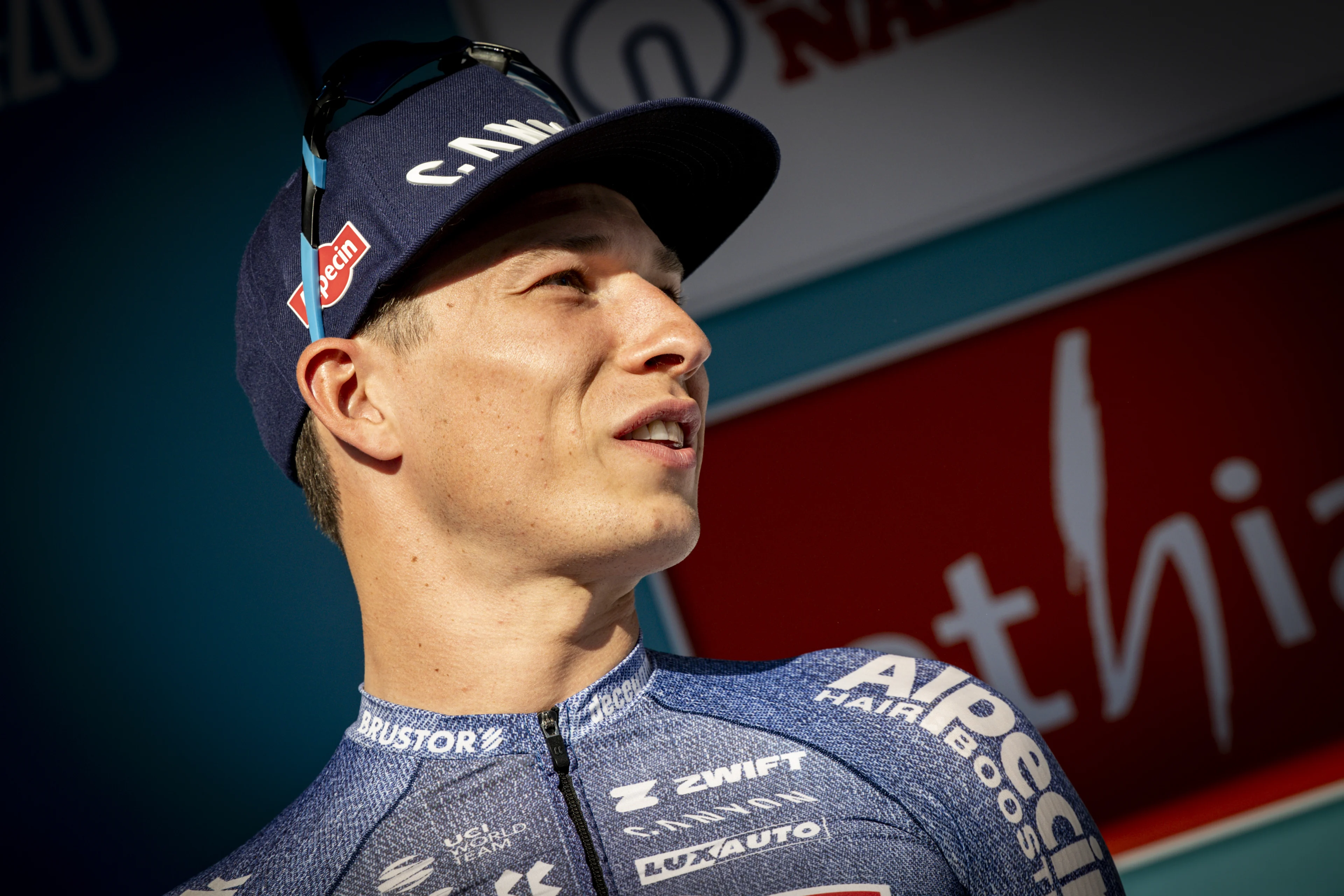 Belgian Jasper Philipsen of Alpecin-Deceuninck pictured during the presentation of the teams ahead of the 'Renewi Tour' multi-stage cycling race starting tomorrow, on Tuesday 27 August 2024. The five-day race takes place in Belgium and the Netherlands.  BELGA PHOTO DAVID PINTENS