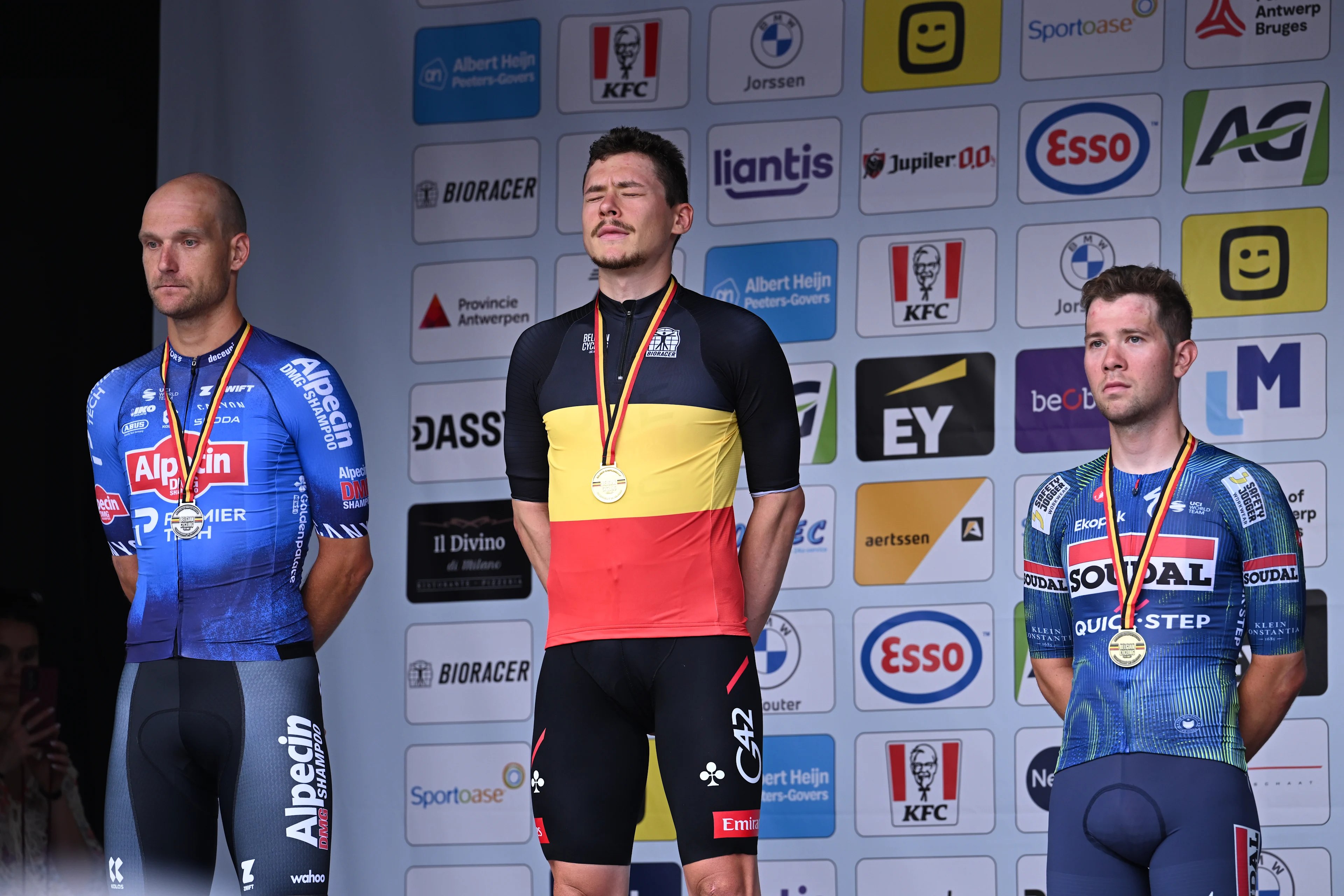 Belgian Jonas Rickaert of Alpecin-Premier Tech, Belgian Rune Herregodts of UAE Team Emirates-XRG and Belgian Fabio Van den Bossche of Soudal Quick-Step pictured on the podium after the men's elite race (240km) at the Belgian Cycling Championships, from Antwerp to Brasschaat on Sunday 28 June 2026. BELGA PHOTO POOL MAARTEN STRAETEMANS