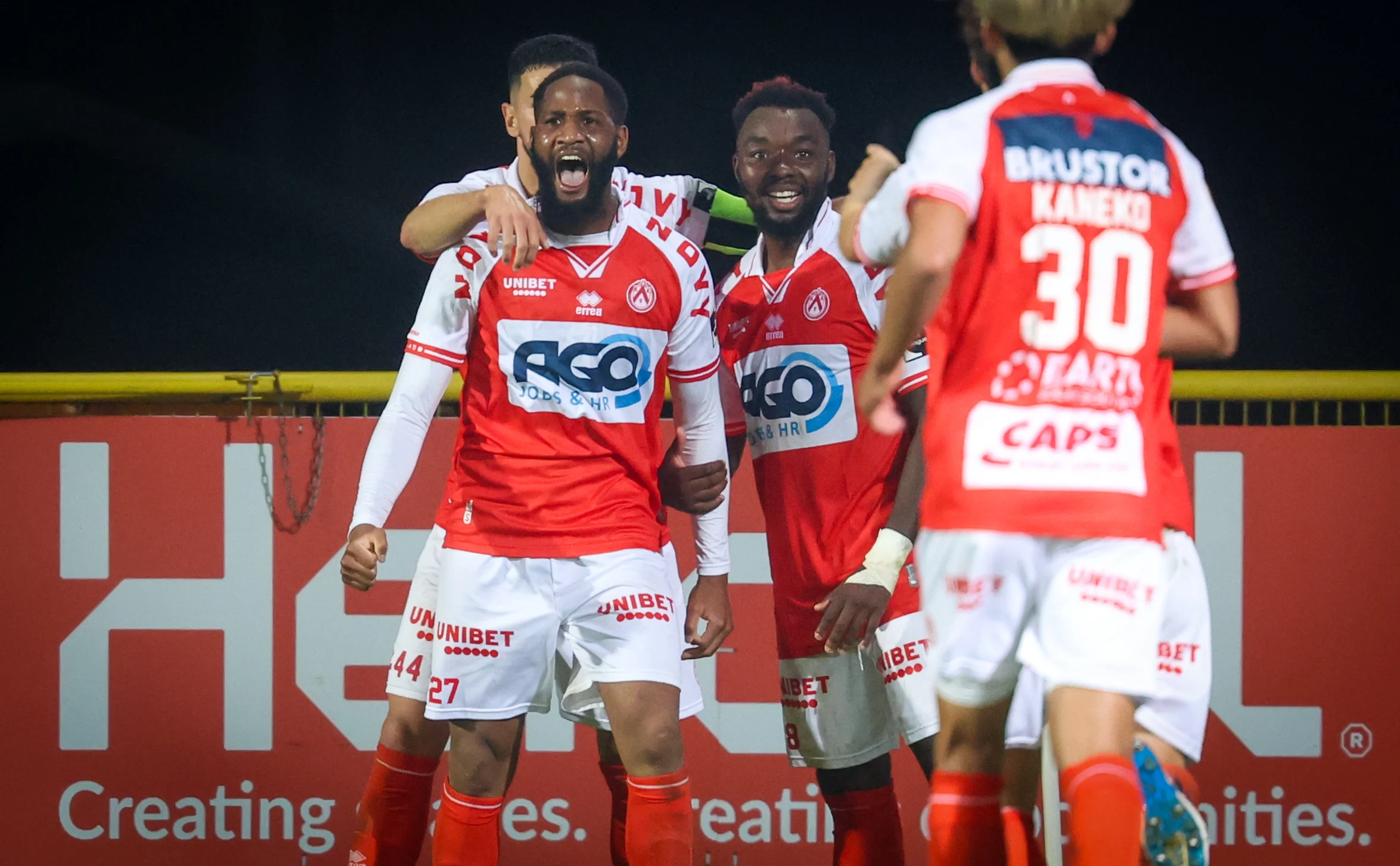 Kortrijk's Abdoulaye Sissako celebrates after scoring during a soccer match between KV Kortrijk and Beerschot VA, Friday 25 October 2024 in Kortrijk, on day 12 of the 2024-2025 season of the 'Jupiler Pro League' first division of the Belgian championship. BELGA PHOTO VIRGINIE LEFOUR