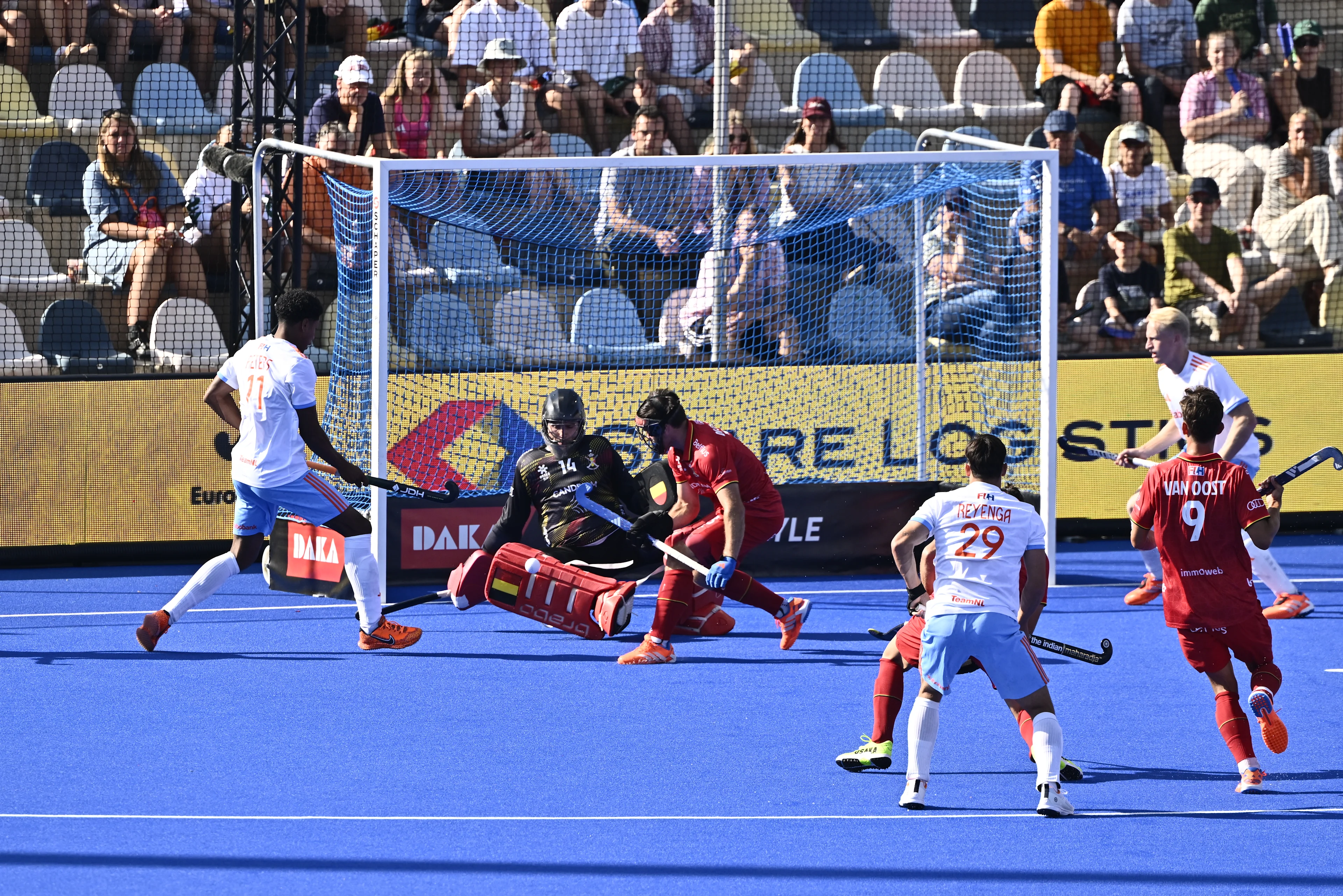 a hockey game between Belgian national team Red Lions and The Netherlands, match 2/3 in the pool stage of the 2025 men's European championships, Sunday 10 August 2025 in Monchengladbach, Germany. BELGA PHOTO ERIC LALMAND