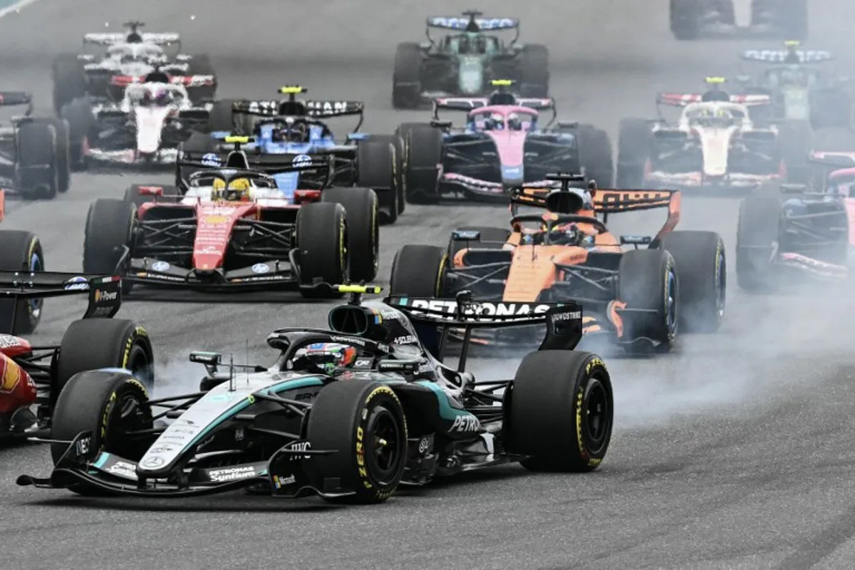 Mercedes' Italian driver Kimi Antonelli (L) races during the 2026 Miami Formula One Grand Prix at Miami International Autodrome in Miami Gardens, Florida, on May 3, 2026.   CHANDAN KHANNA / AFP