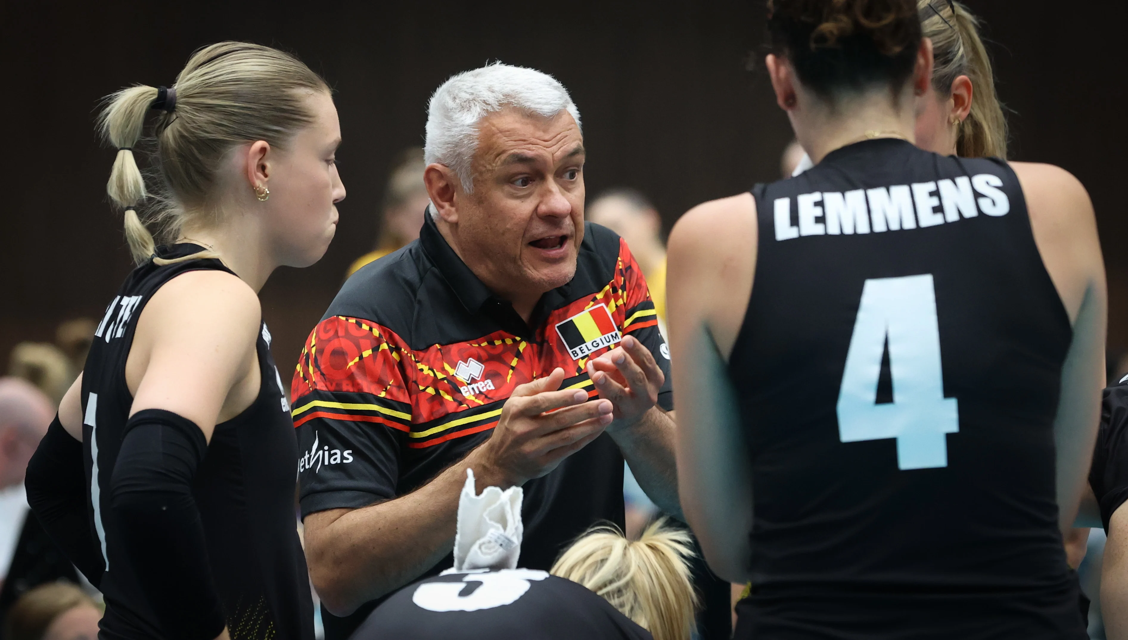 Belgium's head coach Gert Vande Broek gestures during a volleyball match between Belgium's national women's volleyball team, the Yellow Tigers, and the Swedish national men's volleyball team, match 3 (out of 6) in the League Round Pool A of the European Golden League women, in Beveren, Saturday 03 June 2023. BELGA PHOTO VIRGINIE LEFOUR