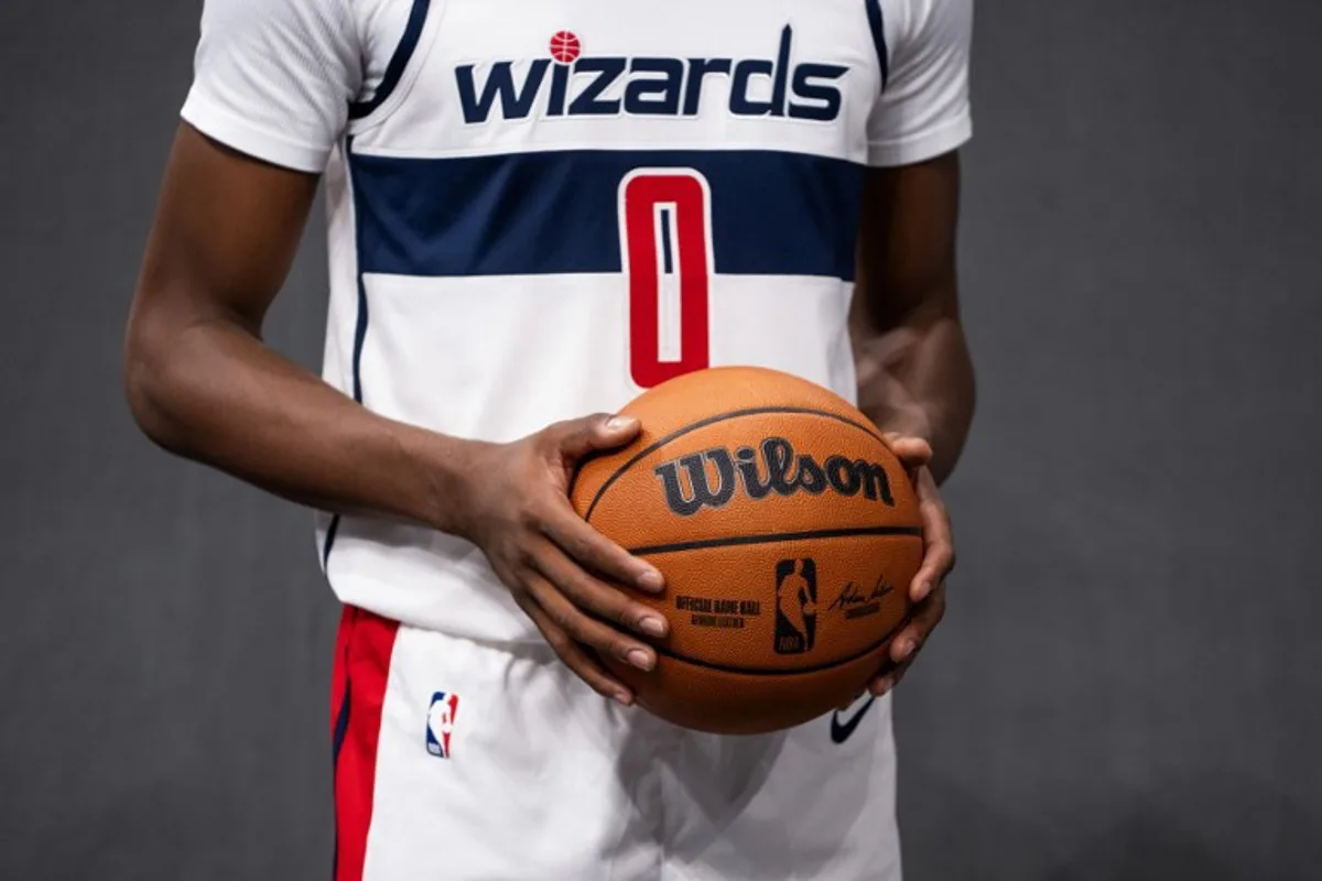 Bilal Coulibaly, French basketball player for the Washington Wizards, poses for a photo during Wizards media day ahead of the NBA season at Capital One Arena in Washington, DC, September 30, 2024.  ROBERTO SCHMIDT / AFP
