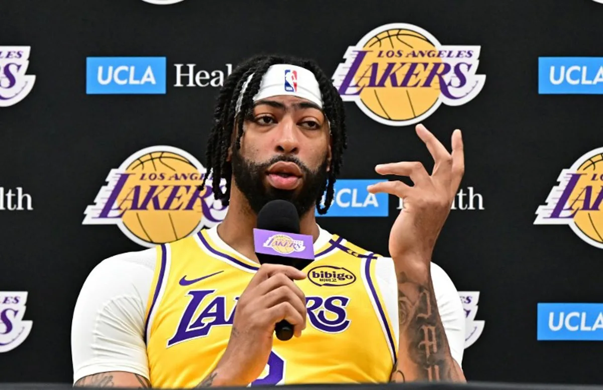 Los Angeles Lakers #3 Anthony Davis speaks during a news conference at the Lakers media day at UCLA Health Training Center in El Segundo, California, September 30, 2024.  Frederic J. BROWN / AFP