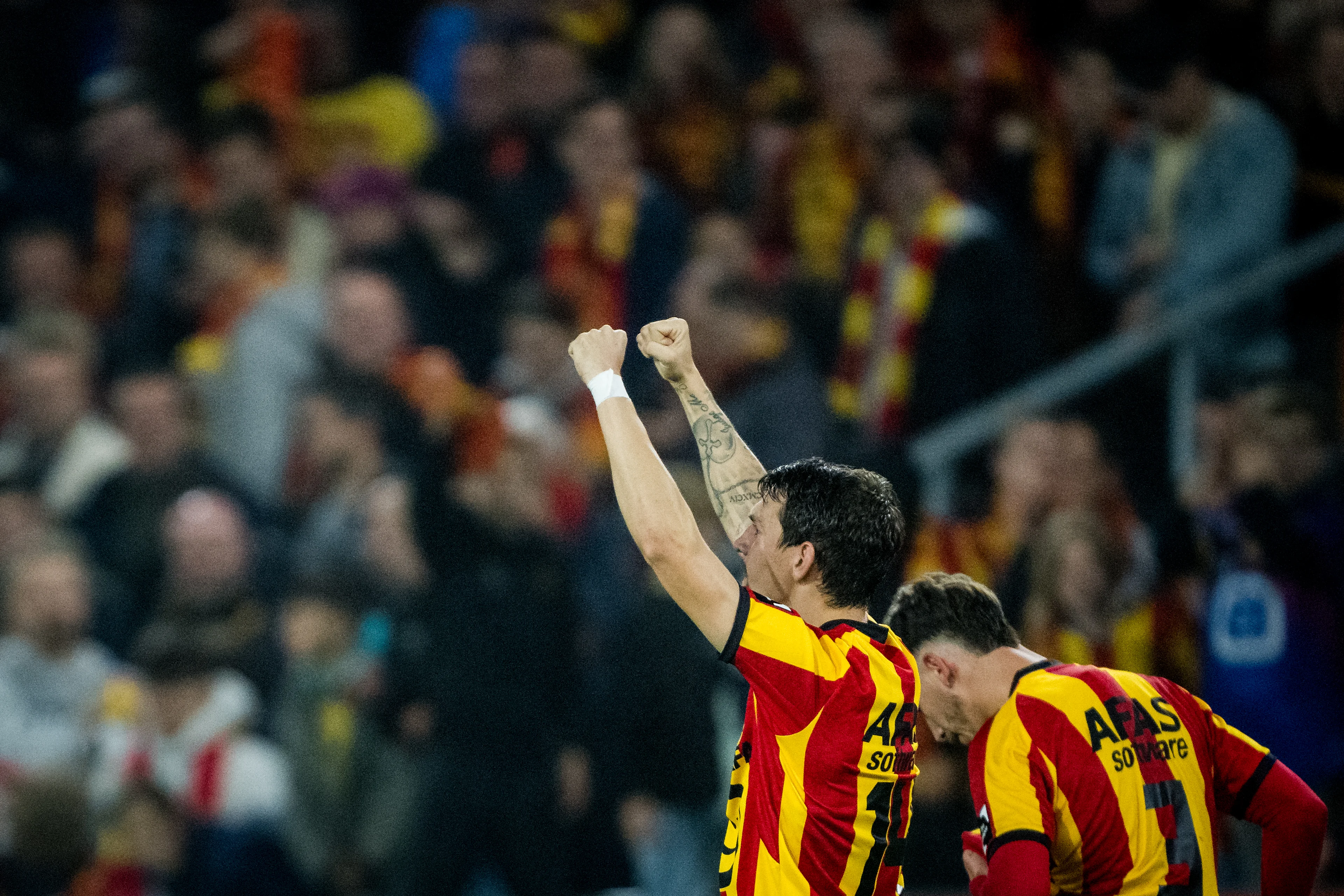 Mechelen's Benito Raman celebrates after scoring during a soccer game between JPL club KV Mechelen and second division club RAAL La Louviere, Wednesday 30 October 2024 in Mechelen, in the round 1 of 16 of the 'Croky Cup' Belgian soccer cup. BELGA PHOTO JASPER JACOBS