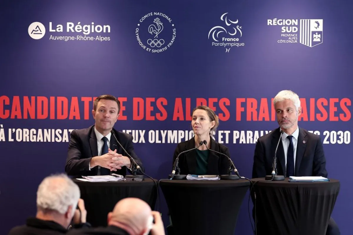 (From L) French National Olympic and Sports Committee (CNOSF) president David Lappartient, president of the French Paralympic Committee Marie-Amelie Le Fur and Auvergne-Rhone-Alpes Regional Council president Laurent Wauquiez attend a press conference to announce French Alps' bid to host the 2030 Winter Olympic and Paralympic Games, in Paris on November 7, 2023. France, which is hosting the Summer Olympics in nine months in Paris, could once again embrace the Olympic adventure in seven years in 2030, for the Winter Olympics this time, if it manages to convince the International Olympic Committee (IOC) which will make a decision at the end of November. FRANCK FIFE / AFP