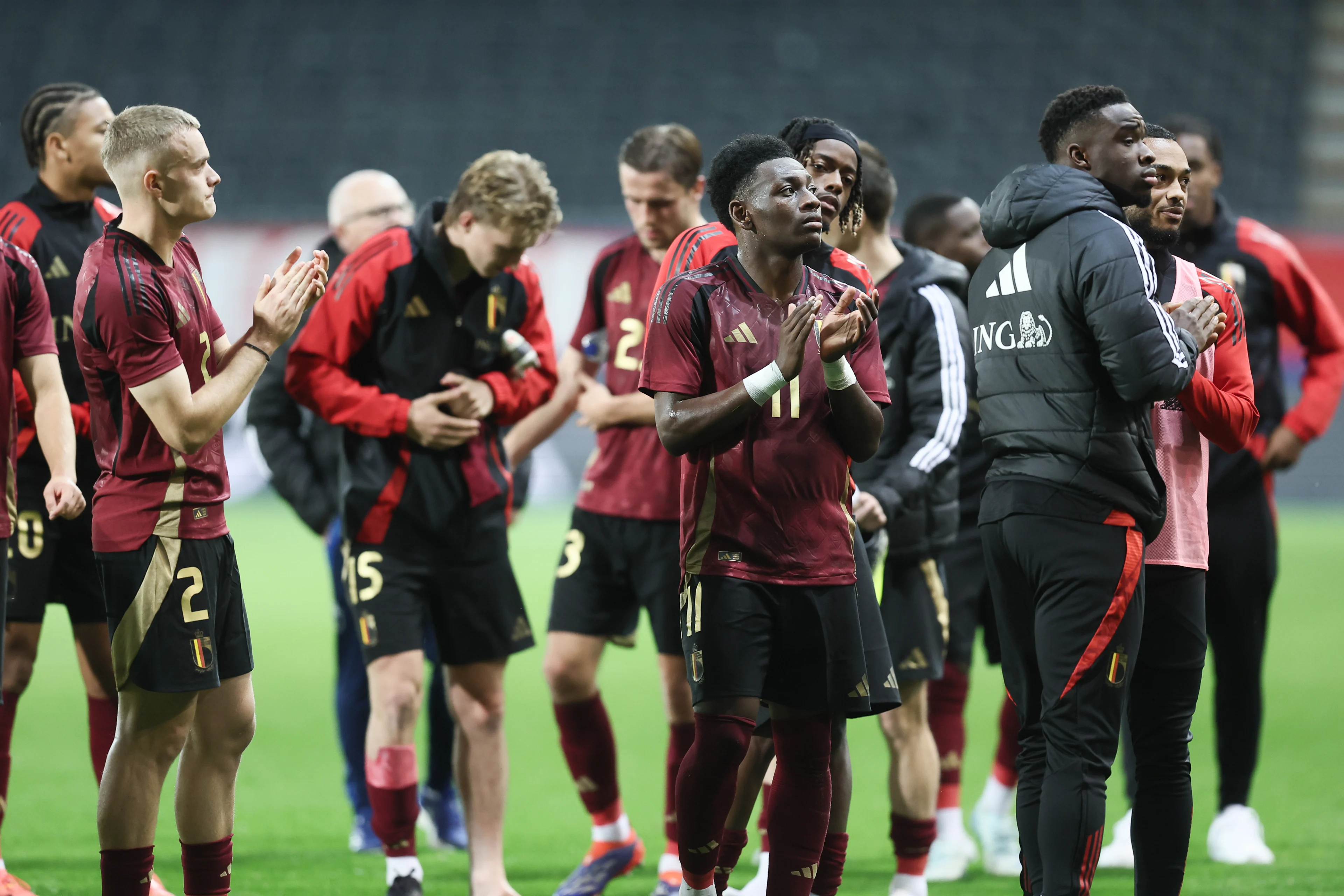 Belgium's players look dejected after a soccer game between the U21 youth team of the Belgian national team Red Devils and the U21 of Hungary, Tuesday 15 October 2024 in Heverlee, Leuven, the last qualification match (10/10) for the 2025 UEFA European Under21 Championship. BELGA PHOTO BRUNO FAHY