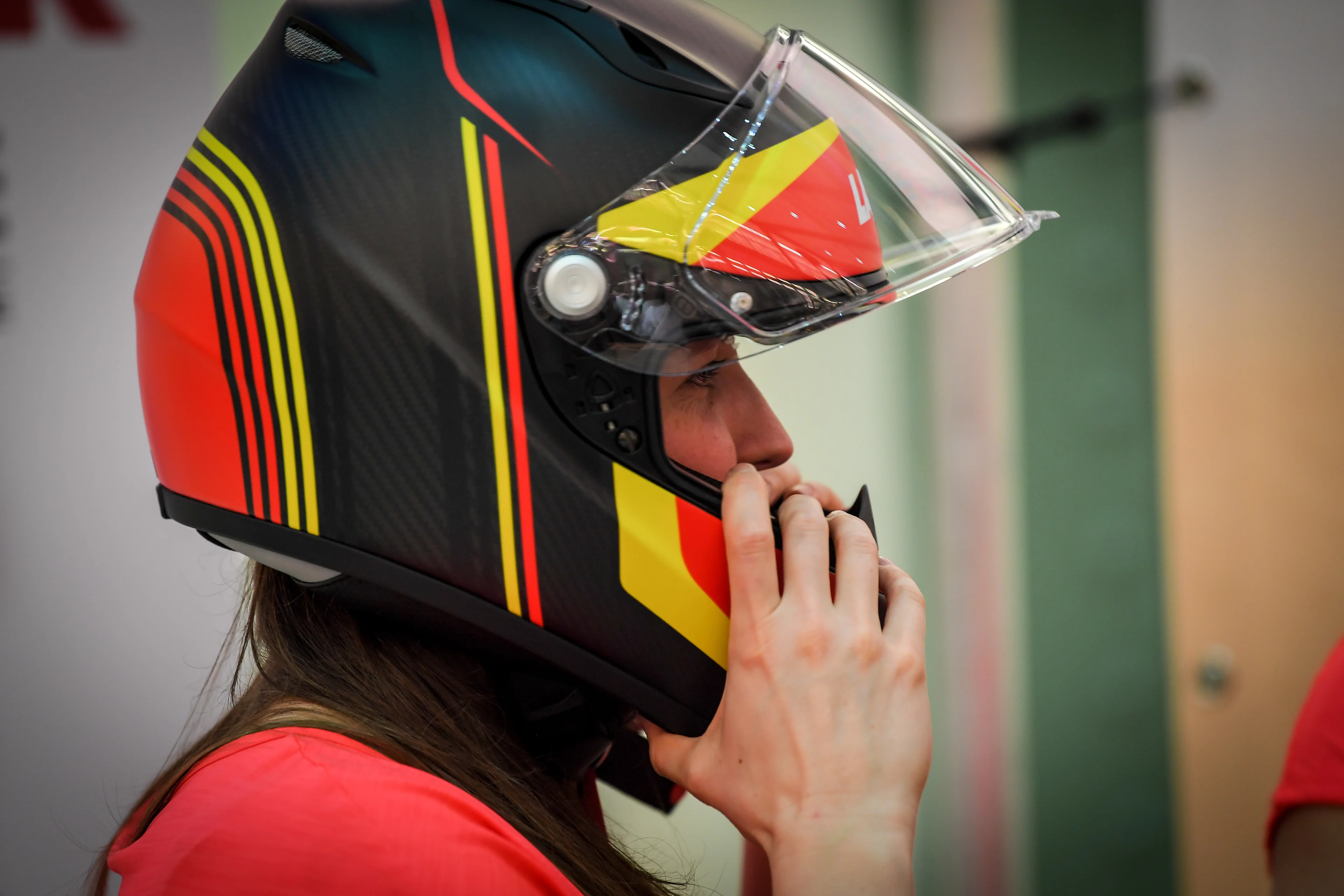 Illustration picture shows an athlete wearing a helmet during a press conference of the Belgian bobsleigh team to present the sled in which they will compete at the upcoming Winter Olympic Games, Thursday 25 January 2018 in Antwerp. BELGA PHOTO LUC CLAESSEN