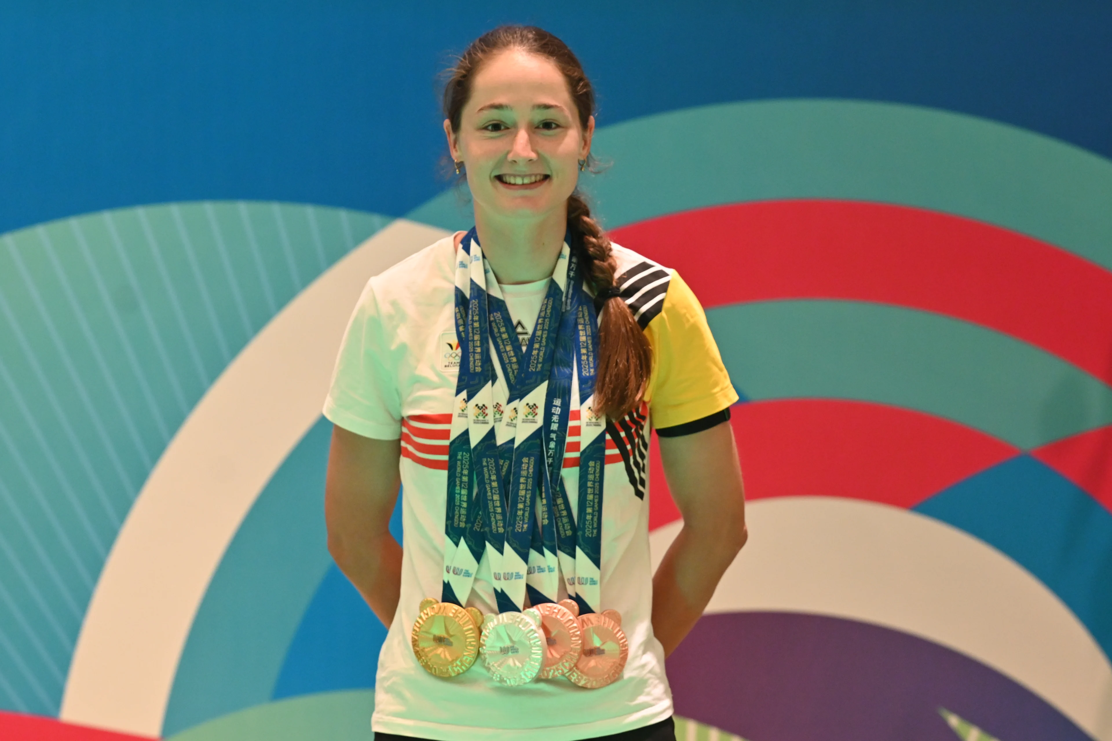 ATTENTION EDITORS - HANDOUT PICTURE - EDITORIAL USE ONLY - MANDATORY CREDIT BOIC - COIB - Fran Vanhoutte pictured with her medals at; the World Games 2025, in Chenghdu, China, on Friday 15 AUgust 2025. This year, the World Games take place from 07 to 17 augustus. PHOTO HANDOUT BOIC - COIB