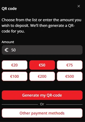 QR Code deposit interface on Casino King: select the amount and generate your QR code.