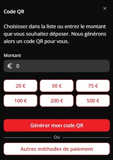 Interface de dépôt via QR Code sur Casino King : sélection d’un montant à déposer puis génération du code QR