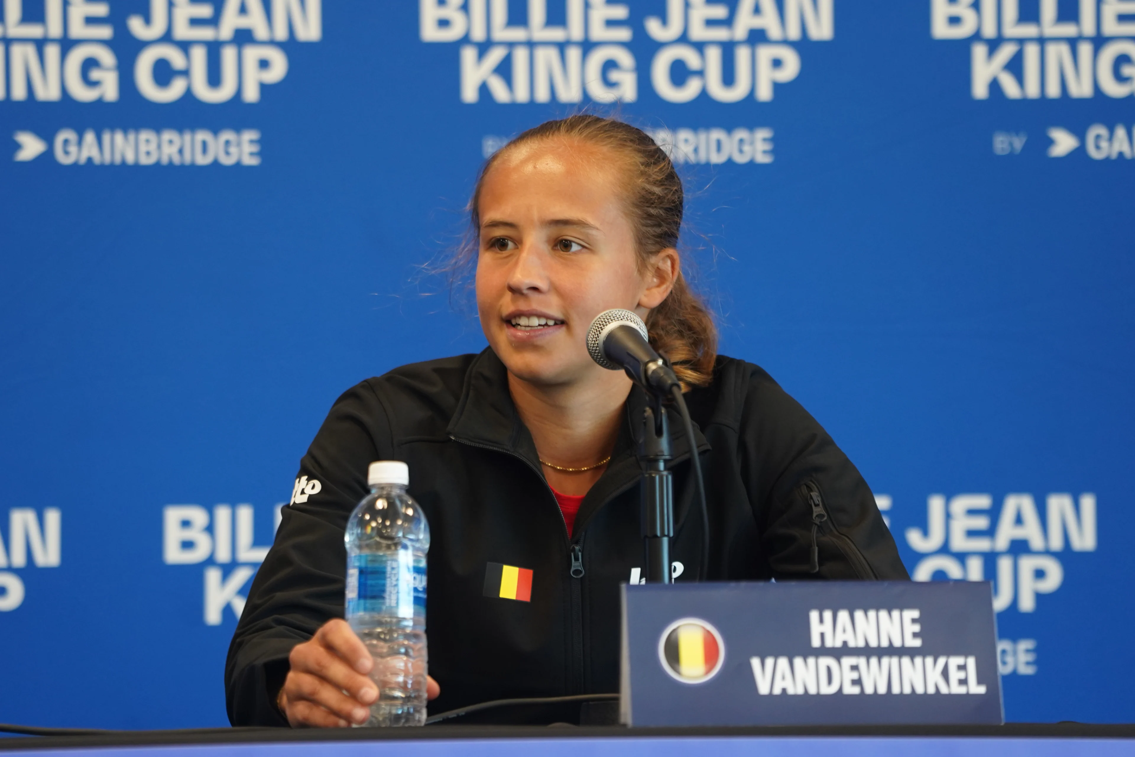 Belgian Hanne Vandewinkel pictured during a press conference after the third match between American Pegula (WTA 5) and Belgian Vandewinkel (WTA 278) on the second day of the meeting between USA and Belgium, in the qualification round in the world group for the final of the Billie Jean King Cup tennis, in Orlando, Florida, USA, on Saturday 13 April 2024. BELGA PHOTO MARTY JEAN LOUIS