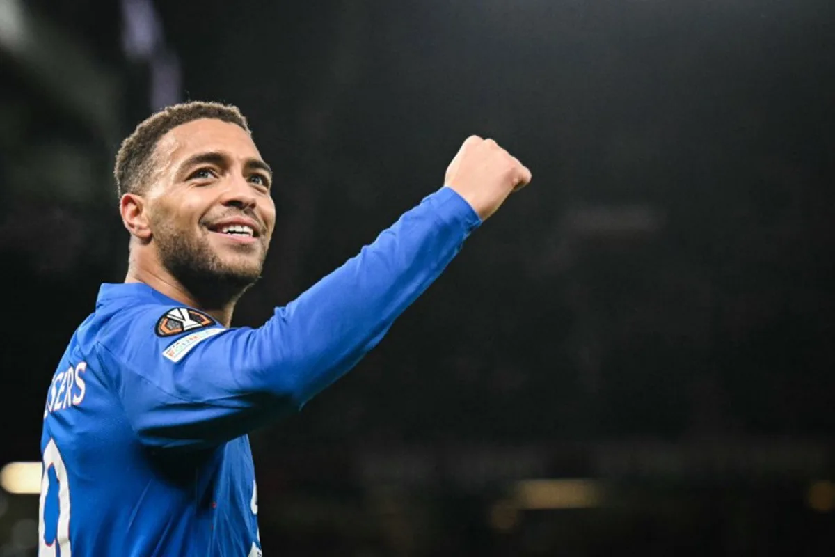 Rangers' Belgian-born Nigerian striker #09 Cyriel Dessers celebrates after scoring his team first goal during the UEFA Europa league football match between Manchester United and Glasgow Rangers at Old Trafford stadium in Manchester, north west England, on January 23, 2025.  Oli SCARFF / AFP