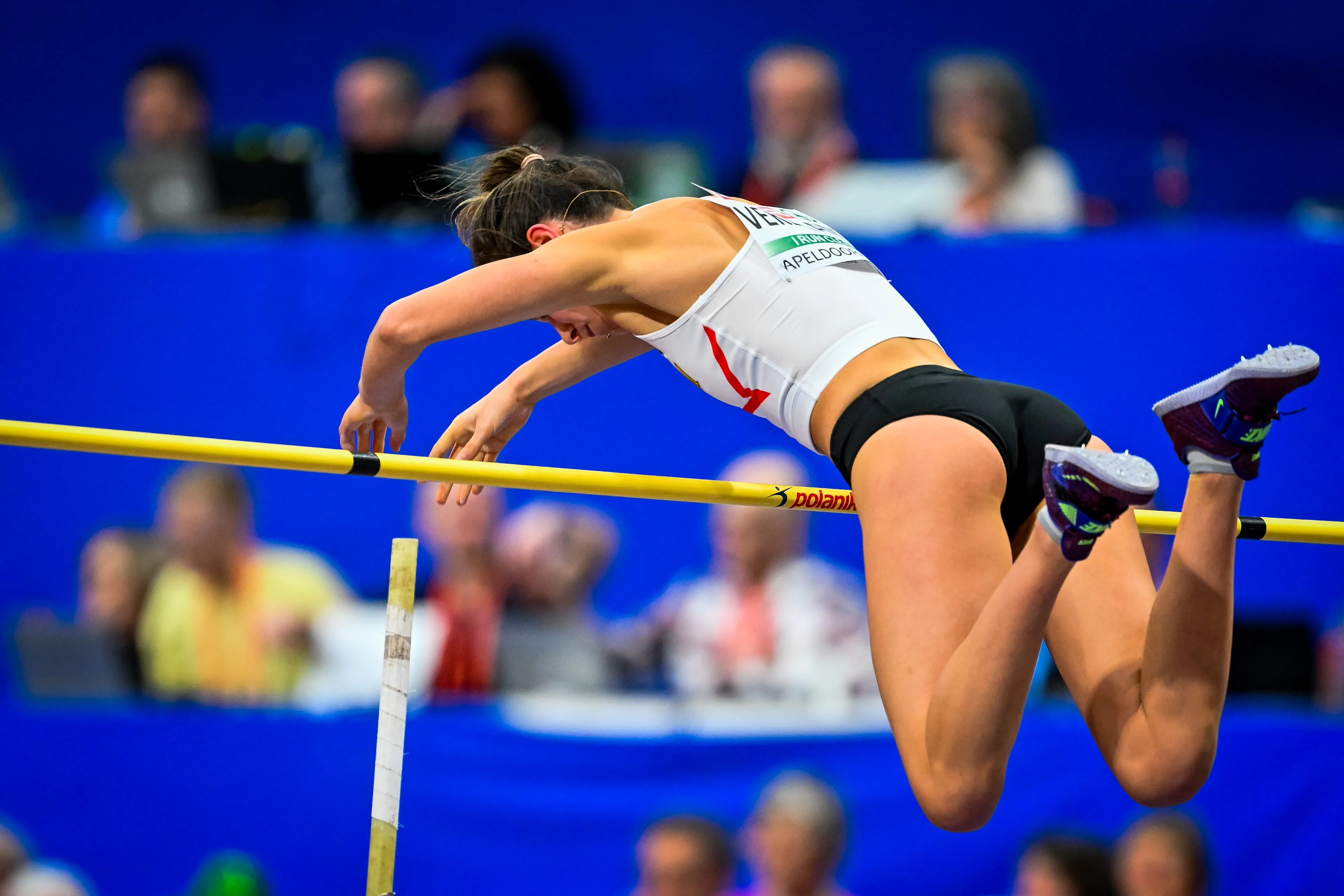 Belgian Elien Vekemans the women's pole vault event, at the European Athletics Indoor Championships, in Apeldoorn, The Netherlands, Thursday 06 March 2025. The championships take place from 6 to 9 March. BELGA PHOTO ERIC LALMAND