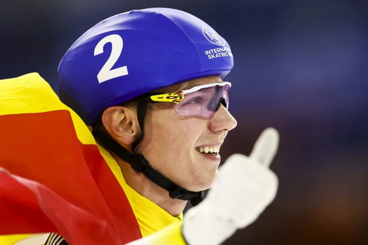 Belgium's Bart Swings reacts after winning the Mass Start men at the European Championship speed skating in Heerenveen on Janurary 7, 2024.   Vincent Jannink / ANP / AFP