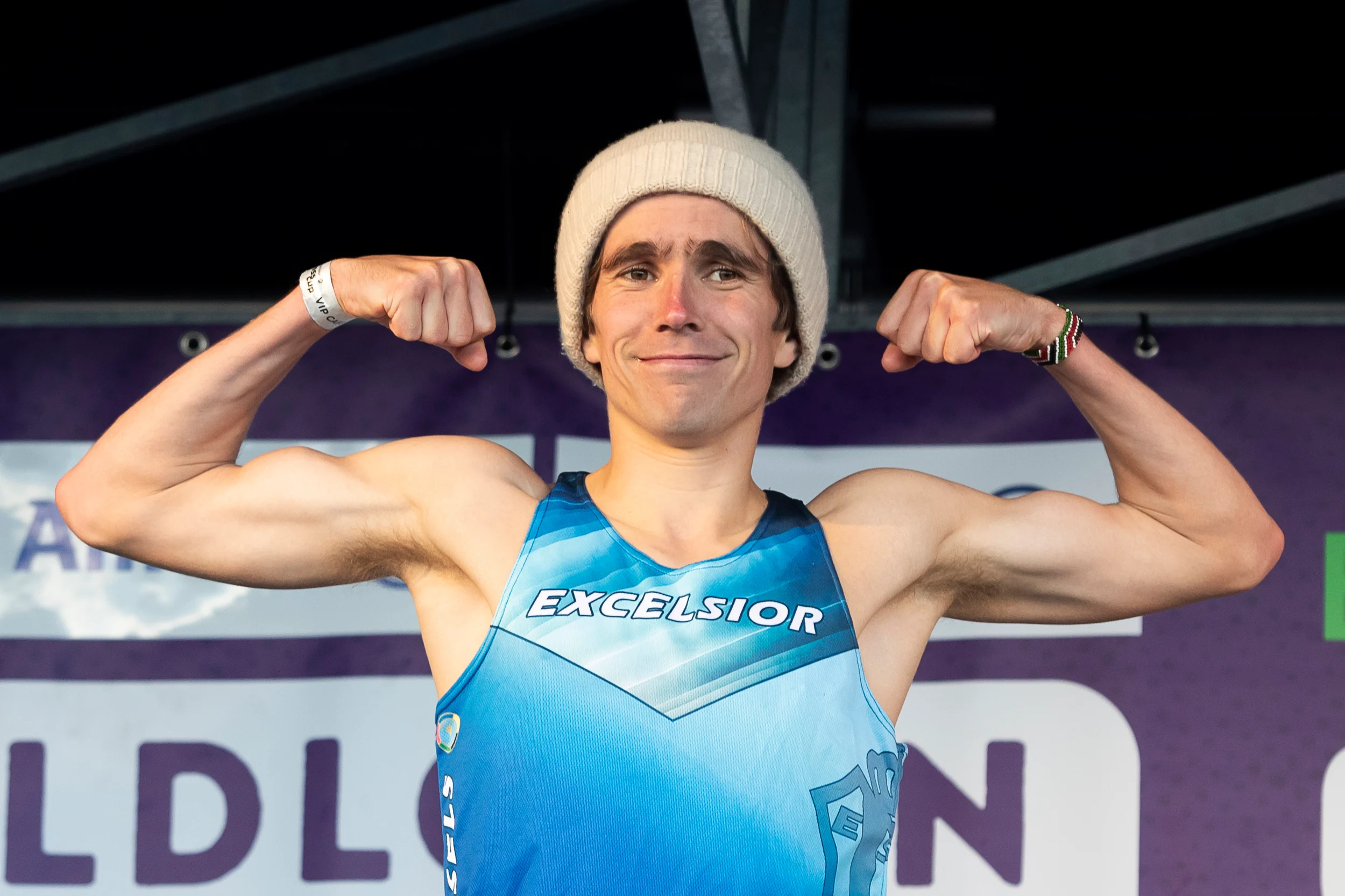 Belgian John Heymans pictured on the podium after the men elite race of the CrossCup cross country running athletics event in Hulshout, the third stage of the CrossCup competition and the Belgian Championships, Sunday 17 November 2024. BELGA PHOTO KRISTOF VAN ACCOM