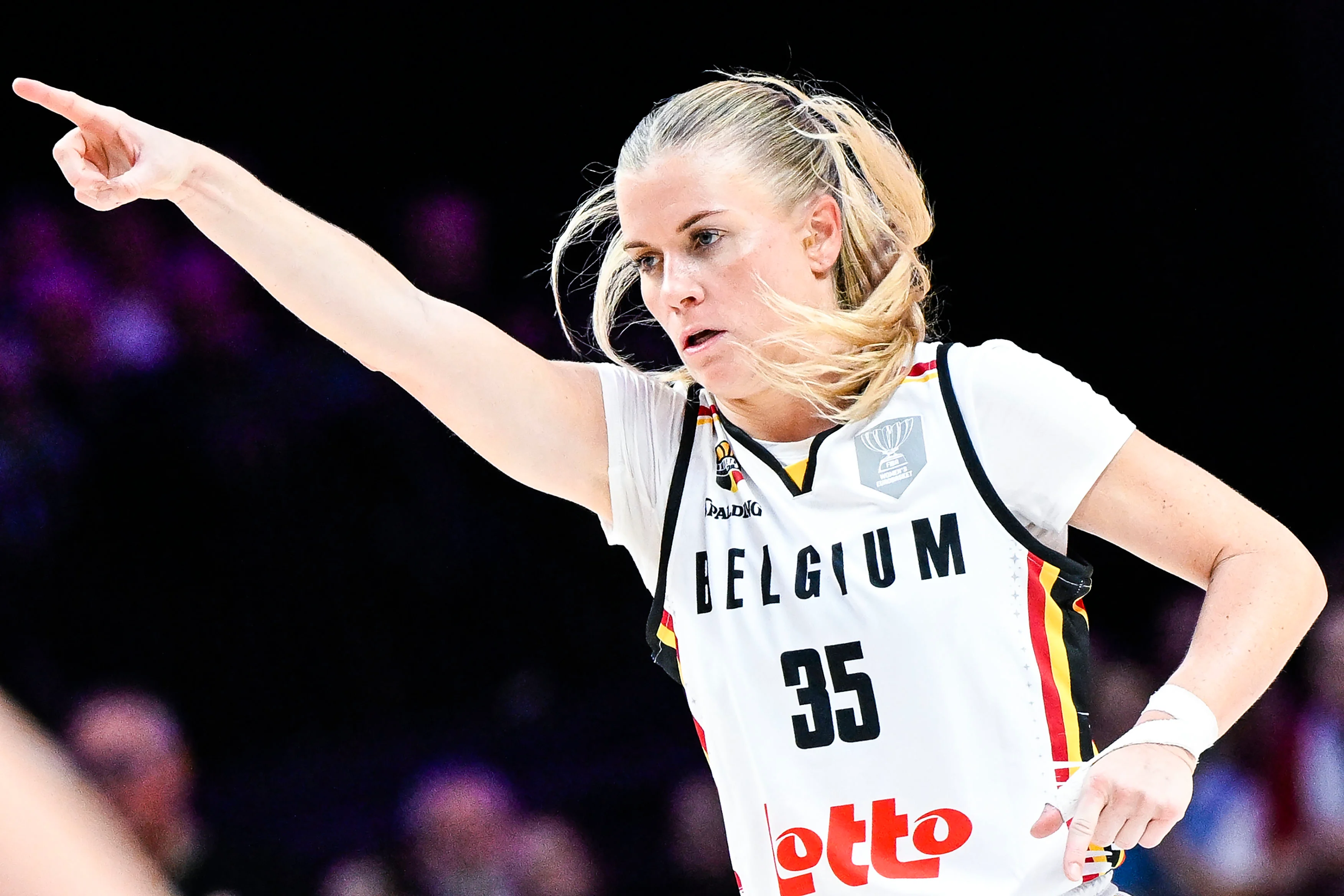 Belgium's Julie Vanloo celebrates during a basketball game between Belgian national team the Belgian Cats and Lithuania, a qualification game (3/6) for the 2025 Eurobasket tournament, on Thursday 07 November 2024 in Antwerp, Belgium. BELGA PHOTO TOM GOYVAERTS