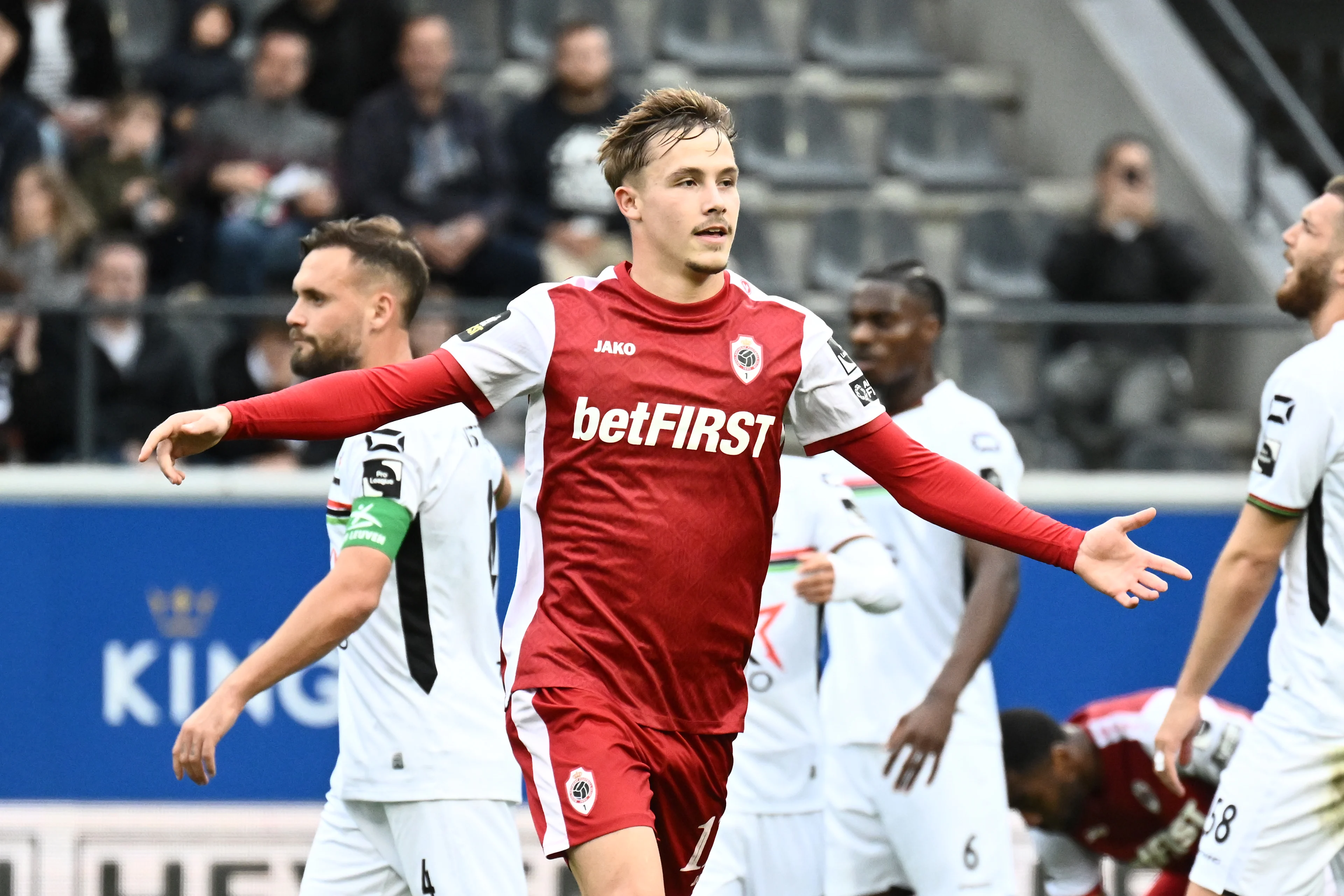 Antwerp's Jacob Ondrejka celebrates after scoring the 0-1 goal during a soccer match between Oud-Heverlee Leuven and Royal Antwerp, Sunday 20 October 2024 in Leuven, on day 11 of the 2024-2025 season of the 'Jupiler Pro League' first division of the Belgian championship. BELGA PHOTO MAARTEN STRAETEMANS