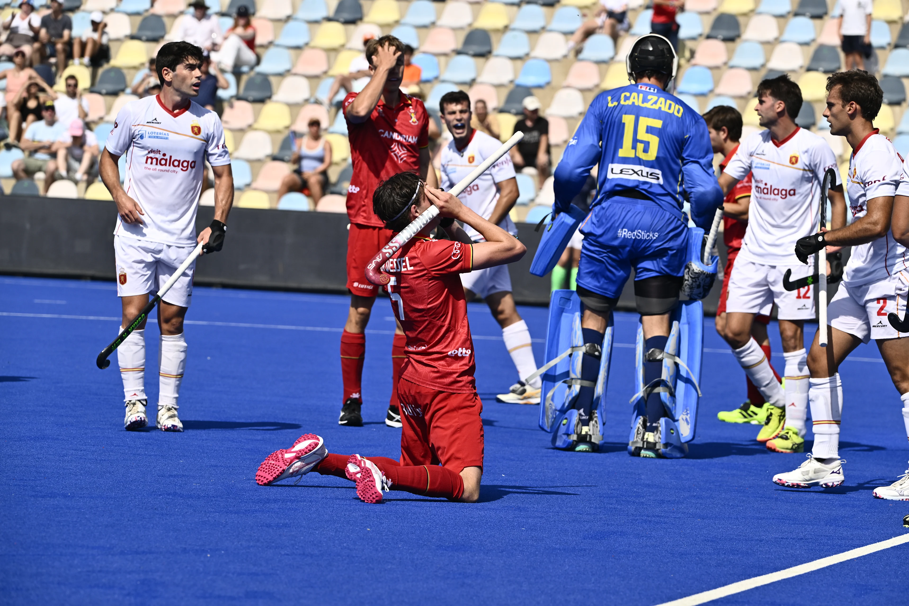 a hockey game between Spain and the Belgian national team Red Lions, match 3/3 in the pool stage of the 2025 men's European championships, Tuesday 12 August 2025 in Monchengladbach, Germany.  BELGA PHOTO ERIC LALMAND