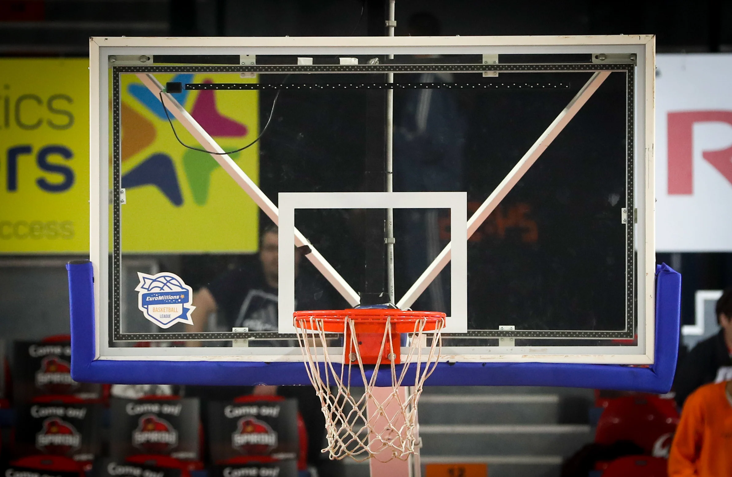 Illustration picture shows the logo of sponsor Euromillions during the basketball game between Spirou Charleroi and Okapi Aalstar, the second match (out of three) of the quarter finals of the play-offs of the EuroMillions League basket competition, on Friday 19 May 2017 in Charleroi. BELGA PHOTO VIRGINIE LEFOUR